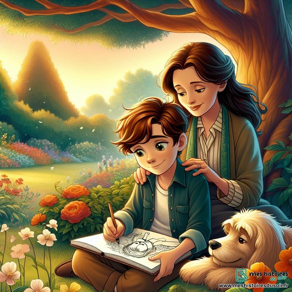 Un garçon de 10 ans, Lucas, aux cheveux châtains et aux yeux brillants, est assis sous un arbre dans le jardin, avec une expression mélancolique. Il dessine sur un carnet avec des crayons de couleur, se remémorant son chien bien-aimé, Max. Sa mère, une femme d'une trentaine d'années aux cheveux longs et bruns, est à ses côtés, lui souriant et posant une main douce sur son épaule. Le jardin est rempli de fleurs colorées et baigné de lumière, créant une atmosphère paisible. Lucas dessine un portrait de Max, évoquant les souvenirs heureux partagés, soulignant ainsi l'importance de célébrer la vie malgré la perte.