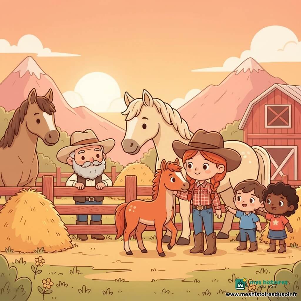 Lina, jeune cow‑girl d'environ 10–12 ans, sourit tournée vers la droite, tresses rousses, chapeau brun, chemise à carreaux rouge et bottes poussiéreuses, caressant doucement Éclair, un poulain baie au pelage roux vif et crinière en bataille aux grands yeux brillants qui se blottit contre elle; derrière lui, sa mère, une grande jument crème au museau posé contre lui, adopte une posture protectrice; à gauche Sable, le cheval de Lina baie sableuse, regarde calmement le groupe; un vieux rancher d'environ 60 ans, chapeau usé et barbe grise, sourit en s'appuyant sur une barrière en bois; deux enfants du ranch (garçon et fille, 6–8 ans) pointent de surprise joyeuse en vêtements colorés; lieu : cour de ranch au coucher du soleil avec barrière en bois rouge, tas de foin, herbe verte parsemée de fleurs jaunes, grange rouge et montagnes roses au loin; ambiance : retrouvailles chaleureuses et sereines centrées sur Lina et Éclair, expressions tendres, couleurs chaudes et éclairage doré, style kawaii minimal aux formes simples, contours fins et ombres douces.