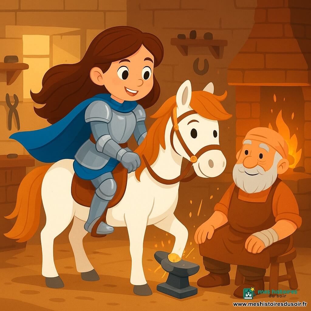 Une jeune chevaleresse, Zen, se tient fièrement sur son cheval Éclair. Elle a de longs cheveux bruns, une armure étincelante et une cape bleue. Son visage exprime détermination et gentillesse, avec un sourire confiant. À ses côtés, le vieux maréchal-ferrant maître Bérard, âgé d'environ 60 ans, est assis sur un tabouret en bois, regardant Zen avec admiration. Le décor est un atelier rustique, avec des murs en pierre et des étagères chargées d'outils. La scène montre Zen posant un fer à cheval sur Éclair, tandis que des étincelles jaillissent du foyer, créant une atmosphère de travail acharné et de camaraderie.