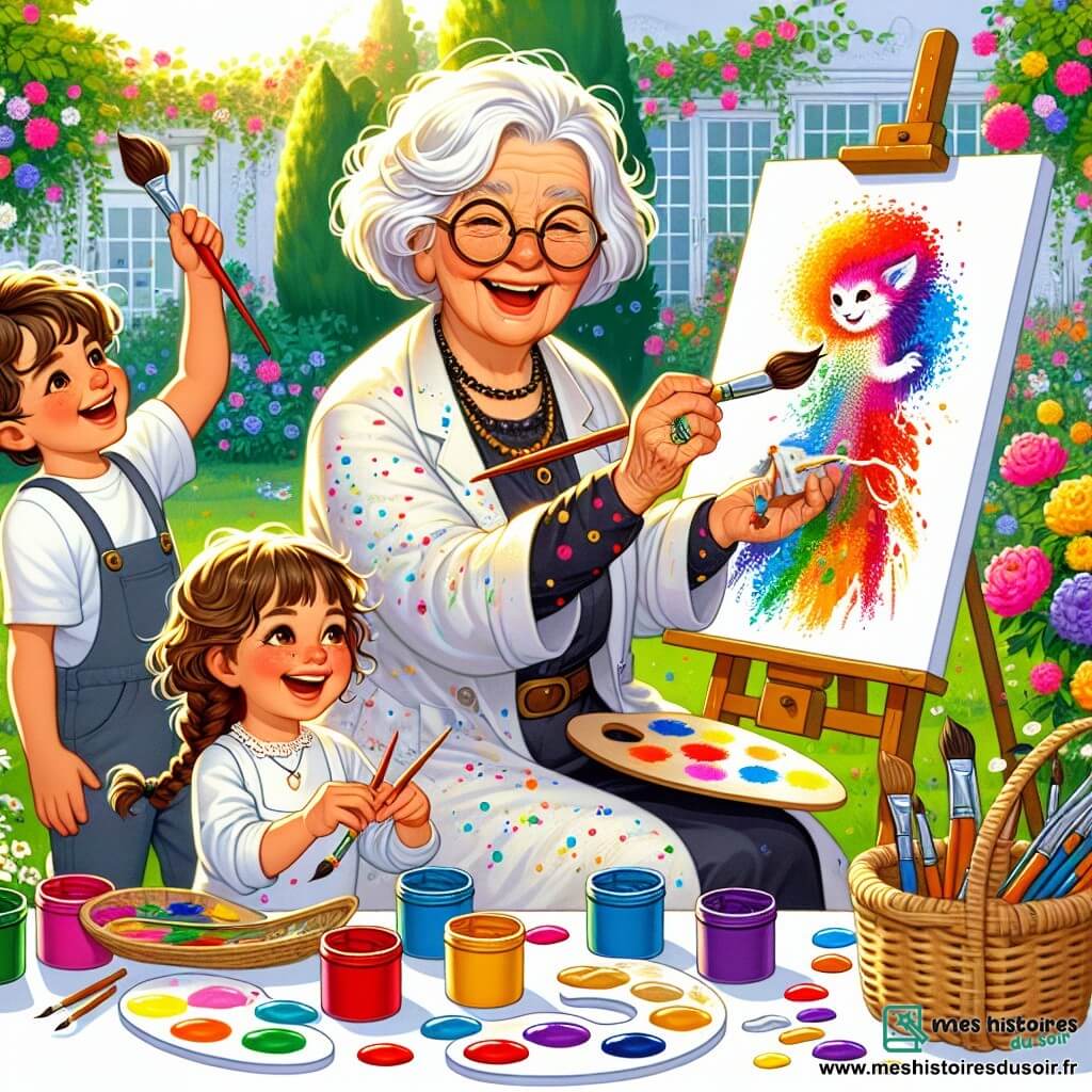 Margot, une femme âgée aux cheveux argentés et lunettes rondes, sourit en tenant un pinceau coloré et une palette de peinture. Elle porte une blouse blanche éclaboussée de couleurs vives. À ses côtés, Léo, un garçon de 8 ans aux cheveux bouclés, peint un dragon rouge sur une toile, tandis que Clara, une fillette de 7 ans avec des tresses, ajoute des touches de jaune et de bleu pour un arc-en-ciel. La scène se déroule dans le jardin ensoleillé de Margot, entouré de fleurs et d'arbres. Ils collaborent joyeusement pour créer un grand tableau, illustrant la magie de l'art et de l'amitié.