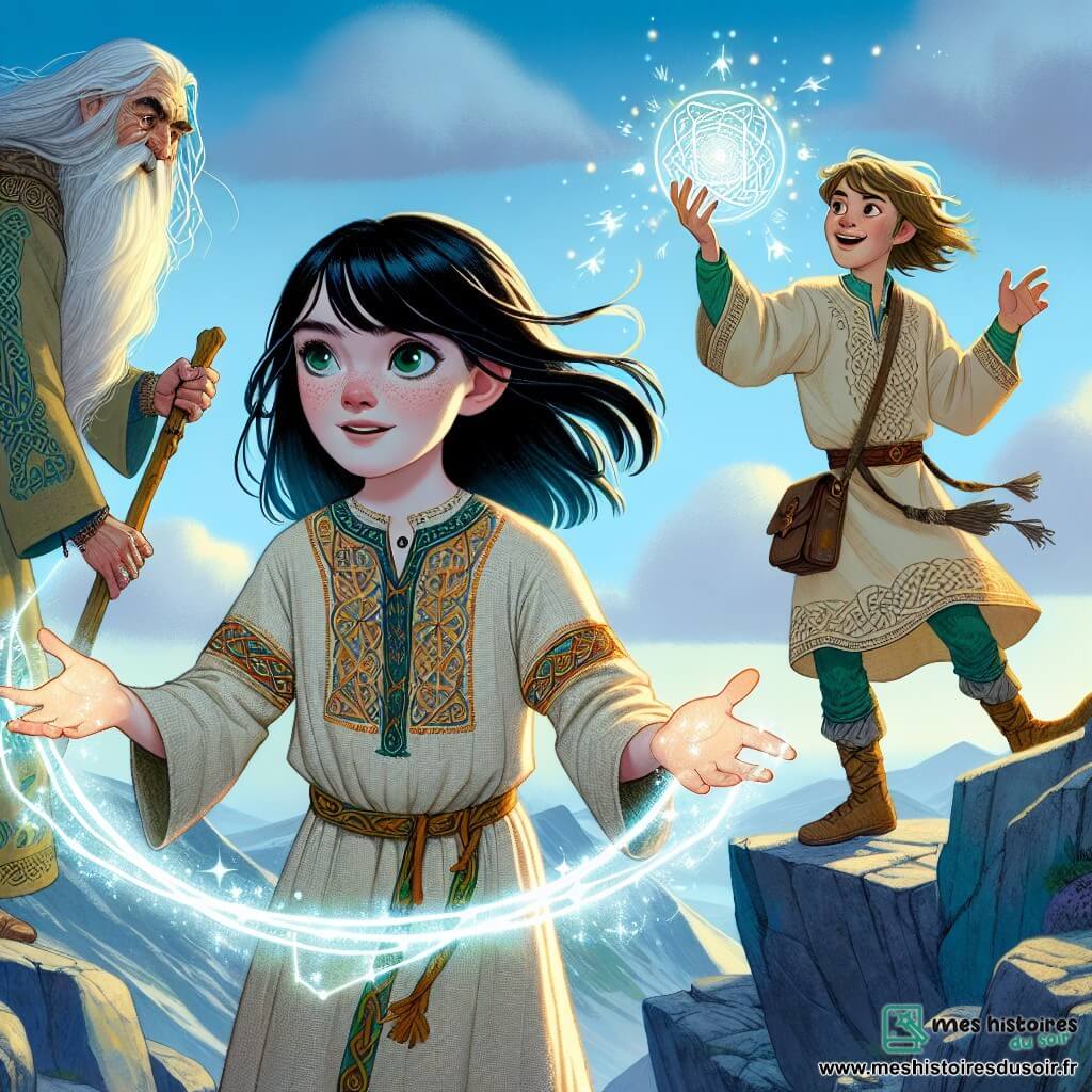 Au sommet d'une montagne sacrée, Éliane, une jeune fille aux cheveux noirs et aux yeux verts, se tient fièrement, illuminée par sa détermination. Elle porte une tunique en lin brodée de motifs celtiques, les mains levées, canalisant une lumière magique symbolisant son pouvoir. À ses côtés, un druide âgé admire la scène, vêtu d'une robe ornée de symboles anciens et tenant un bâton sculpté. Un faune espiègle danse autour d'eux, ajoutant de la légèreté. Le paysage est coloré par des rochers escarpés et des fleurs sauvages, tandis que des ombres menaçantes se dissipent, symbolisant la victoire sur le mal. Éliane est prête à affronter Daghda, un ancien dieu, avec le soutien de ses amis, unis pour restaurer l'équilibre dans leur monde.