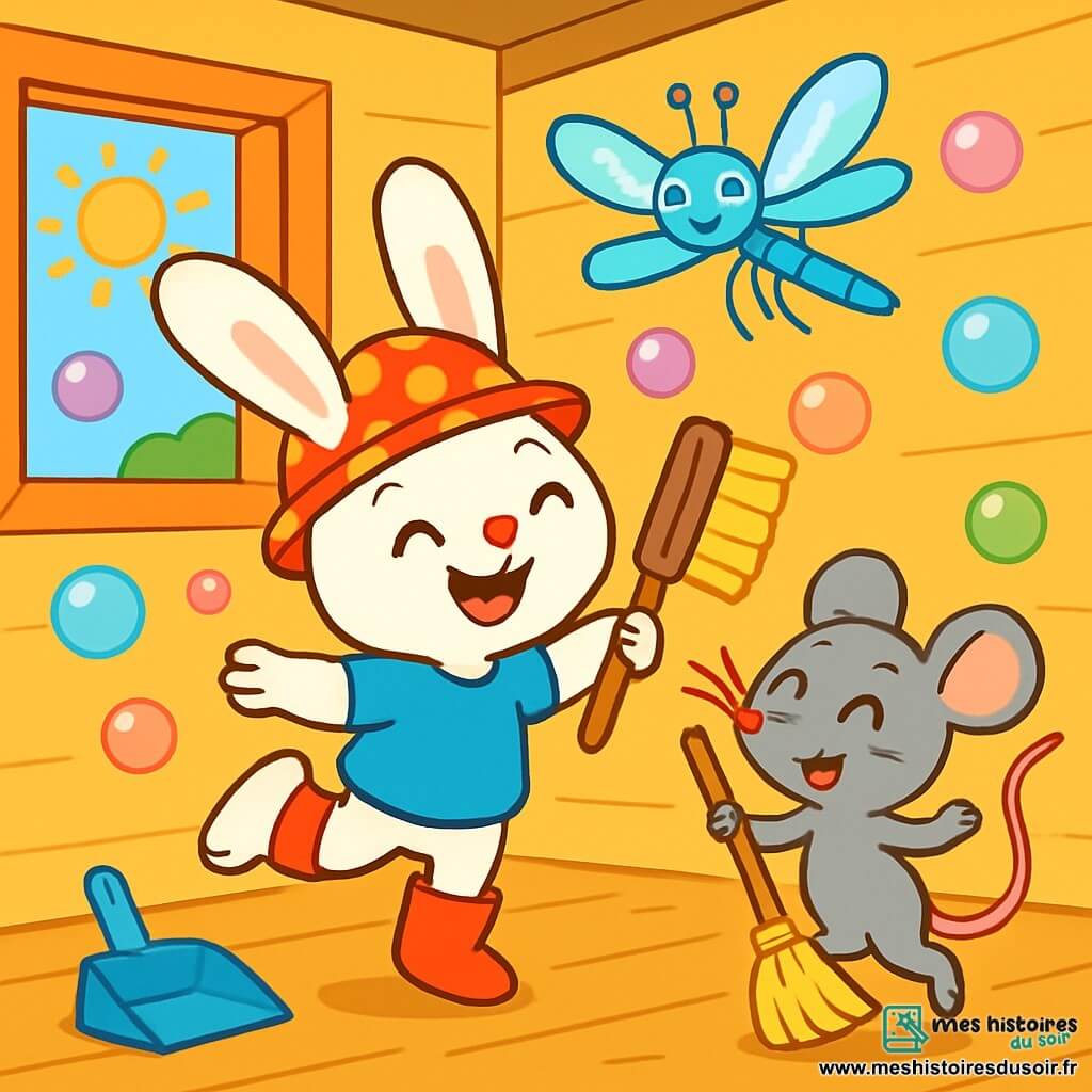 Petit Lapin, un adorable lapin aux grandes oreilles et au pelage blanc, saute de joie avec un sourire. Il porte un chapeau rigolo et des bottes rouges, tenant une brosse. À côté de lui, Souricette, une petite souris grise aux yeux pétillants, danse avec un balai. Madame Libellule, une libellule aux ailes colorées, vole en soufflant des bulles magiques. La scène se déroule dans une maison en bois lumineuse aux murs jaunes, avec des fenêtres ouvertes laissant entrer la lumière du soleil. Des bulles colorées flottent, créant une ambiance festive. Petit Lapin et ses amis nettoient la maison pour préparer une surprise pour Maman Lapine, en chantant et riant, remplis d'amour et d'excitation.