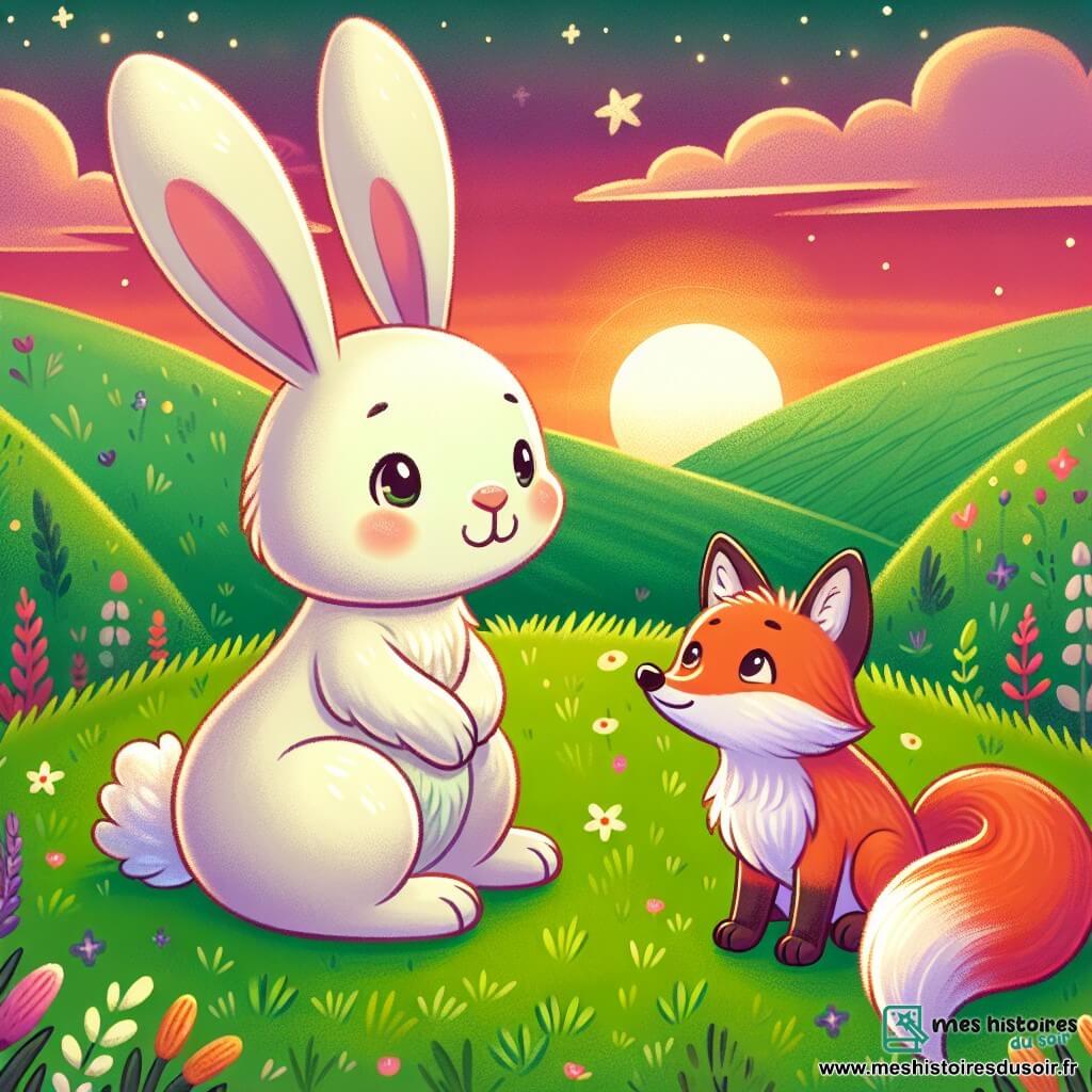 Illustration d'un petit lapin aux grandes oreilles, au pelage doux et blanc, avec des yeux brillants, assis sur une colline verdoyante, regardant le coucher de soleil avec un sourire paisible. À proximité, un renard au pelage roux, espiègle et curieux, observe le lapin avec un sourire complice. La scène se déroule sur une colline baignée par la lumière dorée du soleil couchant, le ciel se teintant de rose, d'orange et de violet, avec des fleurs sauvages colorées et des étoiles qui commencent à scintiller. Le lapin et le renard partagent ce moment de beauté, réalisant que la magie de la vie réside dans les moments simples et partagés, agrémentés de papillons colorés, de nuages cotonneux et d'une légère brise.