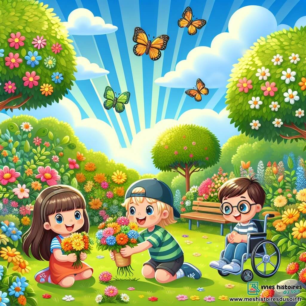 Dans un jardin fleuri, trois enfants sont réunis. Léa, 8 ans, cueille des fleurs jaunes avec un sourire. Tom, 9 ans, est assis dans sa chaise roulante, riant avec un bouquet coloré. Lucas, 7 ans, observe un caillou brillant. Le jardin est rempli de fleurs, de papillons et d'arbres aux feuilles vert tendre sous un ciel bleu parsemé de nuages. Les enfants préparent une chasse au trésor printanière, ramassant des trésors de la nature tout en s'amusant ensemble.
