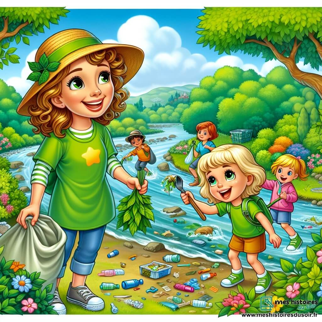 Nina, une fille de 8 ans aux cheveux bouclés et dorés, porte un chapeau de soleil et un t-shirt vert. Elle sourit joyeusement en ramassant des déchets au bord d'une rivière. À ses côtés, Madame Laurent, une dame d'environ 40 ans en tenue verte et chapeau en feuilles, montre aux enfants comment trier les déchets. Ils nettoient la rivière entourée de verdure, d'arbres majestueux et de fleurs colorées, tout en découvrant la beauté de la nature.