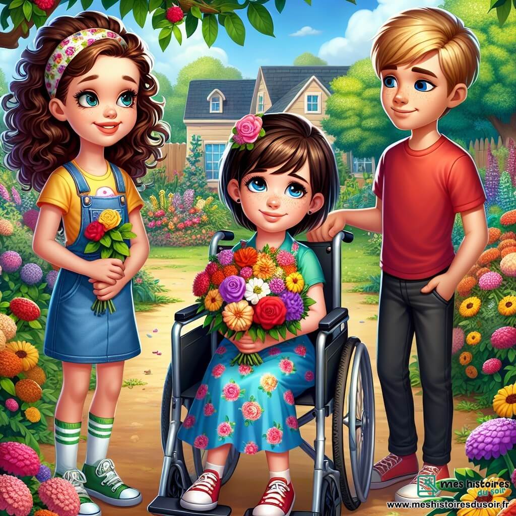 Il y a trois personnages principaux : Émilie, une fille de 10 ans avec des cheveux bouclés et bruns, souriante à gauche avec un bouquet de fleurs colorées ; Clara, une fille de 10 ans avec des cheveux lisses et châtains, assise dans un fauteuil roulant au centre, regardant Émilie avec un sourire timide ; et Max, un garçon de 10 ans avec des cheveux courts et blonds, à droite, observant ses amies avec un regard encourageant. Le décor est un jardin d'école fleuri avec des arbres verdoyants et un ciel bleu. Émilie offre le bouquet à Clara tandis que Max les regarde avec bienveillance, créant une atmosphère douce et chaleureuse, illustrant un moment de réconfort entre amis face à la perte.