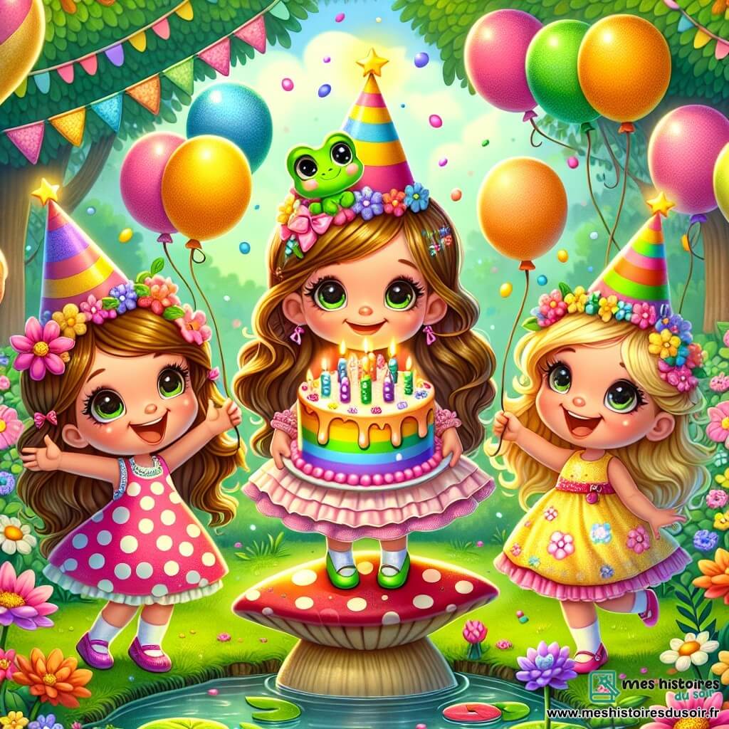 Il y a trois personnages principaux : Lila, une petite fille de 4 ans avec de longs cheveux bruns, souriante au centre avec un gâteau d'anniversaire ; Mia, une autre petite fille de 4 ans avec des cheveux blonds en tresses, sautant de joie à côté de Lila ; et Grinchette, une grenouille verte sur un champignon, faisant des pirouettes. L'action se déroule dans un jardin enchanteur rempli de fleurs et de ballons, où Lila et Mia célèbrent l'anniversaire de Lila, entourées d'amis animaux, prêtes à souffler les bougies, tandis que Grinchette danse joyeusement.