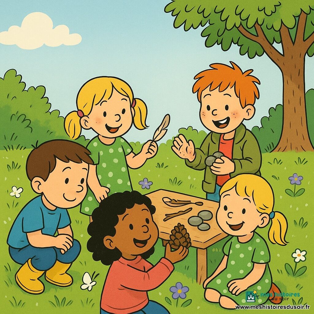 Quatre enfants forment un cercle autour d'une petite table en bois dans un jardin de printemps lumineux : un garçon d'environ 7 ans aux cheveux bruns courts en bottes jaunes accroupi à gauche regarde un papillon blanc posé sur une fleur; une fille d'environ 6 ans aux cheveux blonds en couettes en robe verte à pois, au centre droite, tient une plume et sourit; une fille d'environ 5 ans aux cheveux noirs bouclés en pull rose est assise devant la table et montre une pomme de pin; un garçon d'environ 6 ans aux cheveux roux en bataille en veste kaki se tient debout derrière la table, ramasse des cailloux et rit en regardant ses mains sales; pelouse verte mouillée de rosée, petites fleurs violettes et blanches, arbre feuillu à droite, ciel bleu pâle avec quelques nuages, objets sur la table (plume, pomme de pin, brindille, cailloux), style clair aux contours nets, couleurs vives, textures douces et expressions joyeuses, composition chaleureuse et lisible pour un enfant de 4 ans.
