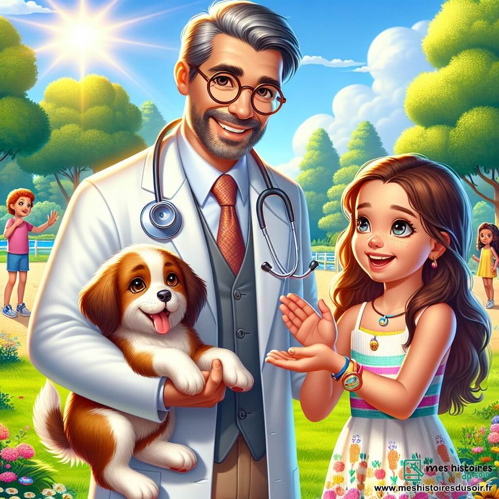Monsieur Dupont, vétérinaire d'une cinquantaine d'années avec des cheveux poivre et sel et des lunettes rondes, sourit au centre de la scène, entouré d'animaux. À sa droite, Sophie, 8 ans, tient un chiot et affiche un grand sourire. À gauche, Clara, 7 ans, observe un petit chien à ses pieds avec curiosité. La scène se déroule dans un parc verdoyant, sous un soleil doré, avec des enfants jouant au loin et des fleurs colorées au sol. Monsieur Dupont montre à Sophie comment écouter le cœur de son chiot avec un stéthoscope, tandis que les autres enfants les regardent avec admiration.