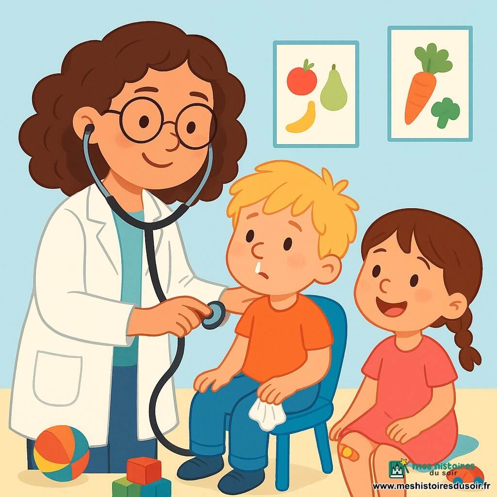 Madame Lila, une médecin souriante aux cheveux bruns et bouclés, porte une blouse blanche et des lunettes rondes. Elle a un regard chaleureux et tient un stéthoscope. À côté d'elle, un petit garçon de 5 ans, avec des cheveux blonds en bataille et un nez qui coule, est assis sur une chaise avec un mouchoir à la main. Une petite fille de 4 ans, aux cheveux châtains et tressés, a une bosse au genou et un pansement coloré, et sourit assise sur le sol. La scène se déroule dans une salle de consultation lumineuse aux murs bleu pastel, avec des affiches de fruits et légumes et des jouets éparpillés. Madame Lila écoute le cœur du garçon tandis que la petite fille montre son pansement. L'atmosphère est joyeuse et rassurante, remplie de rires d'enfants.