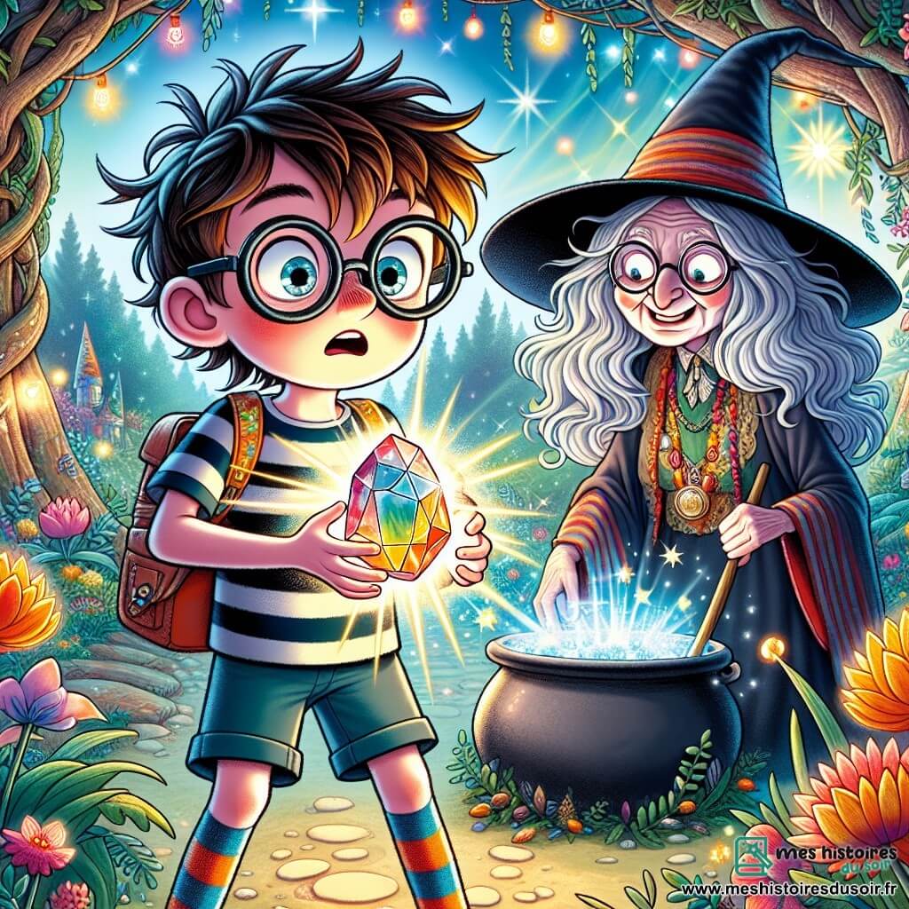 Un garçon de 11 ans, Timothée, se tient au centre de l'image avec des cheveux en bataille et des lunettes trop grandes. Il sourit émerveillé, tenant une pierre magique scintillante. Il porte un t-shirt rayé, un short et des chaussettes dépareillées. À sa droite, Madame Pompon, une vieille sorcière d'environ 70 ans, est penchée sur un chaudron bouillonnant, souriant espièglement avec une cuillère en bois. Le décor est une clairière enchantée, entourée d'arbres tordus et de fleurs multicolores. Timothée, inquiet et excité, découvre le pouvoir de la pierre, tandis que Madame Pompon l'observe avec amusement, prête à l'aider à comprendre la magie.