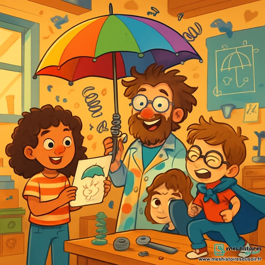 Un homme, Monsieur Léonard Portemine, est debout dans son atelier, affichant une expression joyeuse. Il a une barbe ébouriffée, des lunettes tordues et porte une blouse colorée tachée de peinture. Il tient un grand parapluie multicolore, entouré de ressorts et de pièces de bricolage. À côté de lui, Zoé, une fille de 8 ans aux cheveux bouclés, observe avec curiosité un chapeau-parapluie qu'elle a dessiné. Elle porte un t-shirt rayé et un pantalon en jean. Hugo, un garçon de 7 ans avec des lunettes, fait une grimace en essayant une cape magique qui le fait ressembler à un super-héros, debout sur une table. L'atelier est coloré et chaotique, rempli de plans, d'outils et de dessins. Léonard et les enfants travaillent ensemble sur leur invention, le Méga-Parapluie-Sauteur, riant et excités à l'idée de tester leur création.