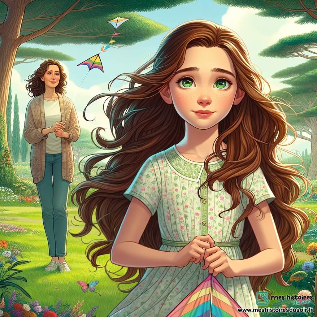 Célestine, une fille de 12 ans, se tient dans un parc verdoyant, les yeux brillants de mélancolie. Elle a de longs cheveux châtains et porte une robe légère aux motifs floraux. Elle tient un cerf-volant coloré, prête à le laisser s'envoler. À ses côtés, sa mère, une femme d'une trentaine d'années, la regarde avec tendresse, souriante et réconfortante. Le parc est rempli d'arbres majestueux et de fleurs colorées, créant une atmosphère paisible. Célestine, regardant le cerf-volant, symbolise son amour pour sa grand-mère disparue et sa promesse de vivre pleinement malgré la tristesse.