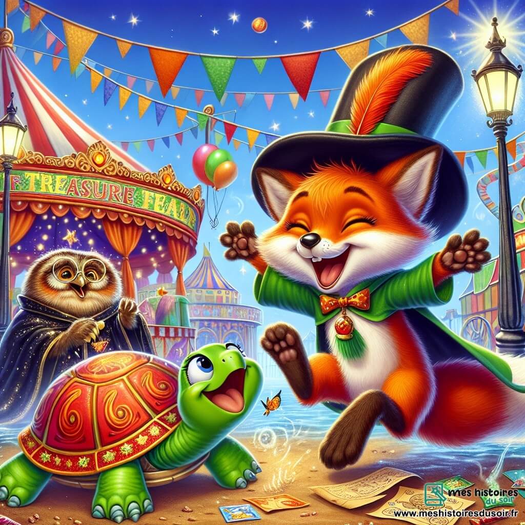 Un petit renard pirate nommé Rémy, avec un pelage orange et un grand chapeau noir, saute de joie en tenant une carte au trésor. À ses côtés, Tilly, une tortue joyeuse en costume de clown, rit en roulant sur le sol. Hugo, un hibou sage en cape de magicien, les observe avec un sourire malicieux. La scène se déroule lors d'un carnaval animé, avec des guirlandes colorées et des odeurs de friandises. Rémy, Tilly et Hugo se tiennent devant un chapiteau de cirque, découvrant un coffre en bois orné de rubans, prêt à révéler un trésor de friandises et de jouets.