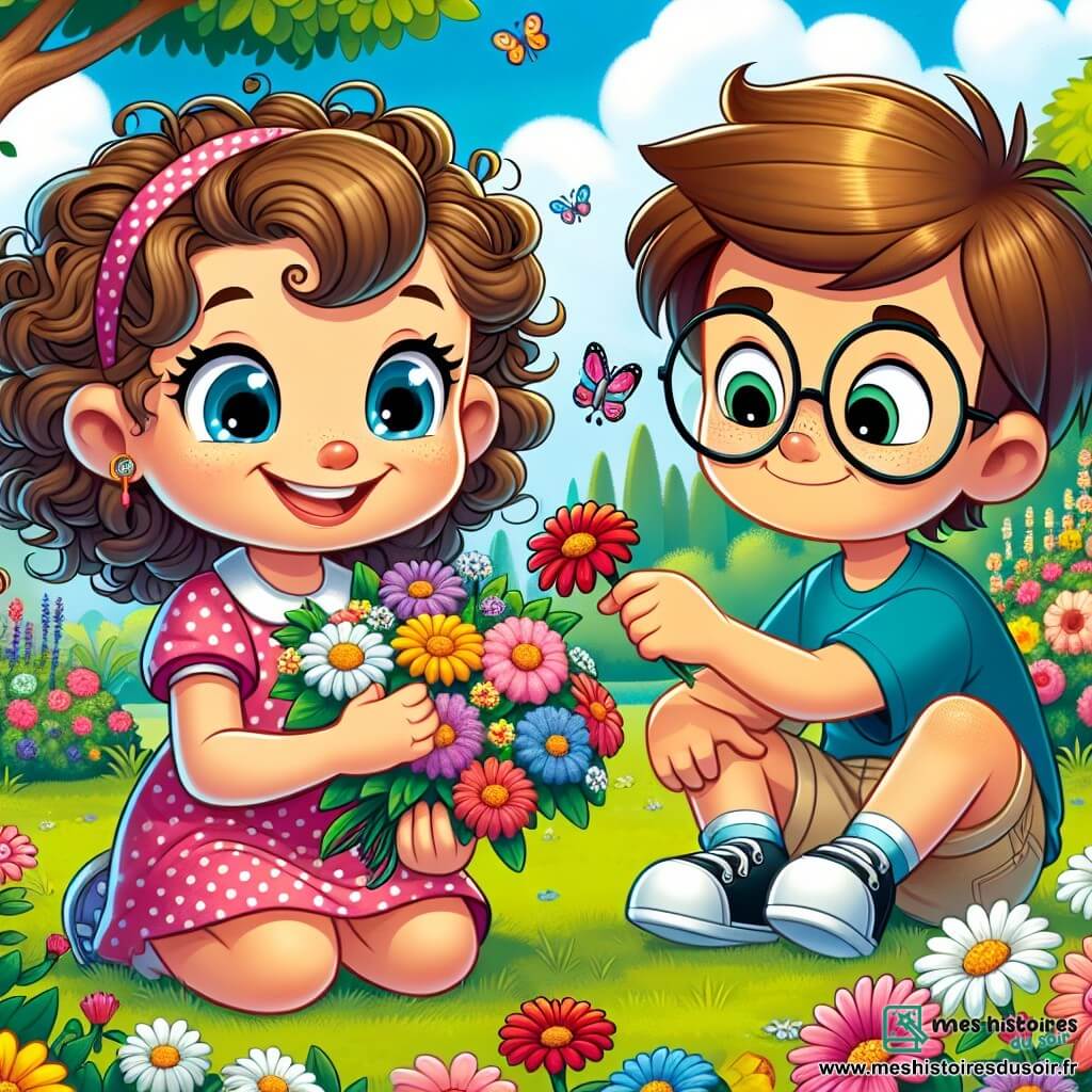 Chloé, une petite fille de 6 ans aux cheveux bruns et bouclés, porte une robe rose à pois blancs et sourit joyeusement en cueillant des fleurs dans un parc ensoleillé. À ses côtés, Lucas, un garçon de 6 ans avec des cheveux bruns et des lunettes rondes, porte un t-shirt bleu et un short beige. Ils sont assis sur l'herbe, entourés de fleurs éclatantes, en train de créer un bouquet coloré, illustrant leur amitié insouciante. Le parc est rempli de grands arbres verts et de papillons, sous un ciel bleu clair avec quelques nuages blancs.