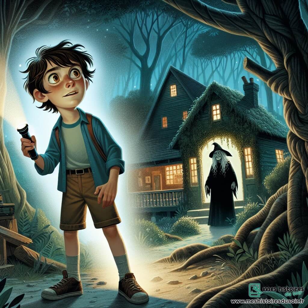 Lucas, un garçon de 12 ans, se tient devant une vieille maison abandonnée, affichant une expression de curiosité mêlée d'appréhension. Il a des cheveux bruns en désordre, des yeux déterminés et porte un t-shirt bleu avec un short kaki. Il tient une lampe torche qui éclaire l'entrée de la maison. À l'arrière-plan, une sorcière âgée, au visage ridé et aux longs cheveux gris, observe Lucas avec un sourire mystérieux. Le décor est une forêt dense, avec des arbres noueux et une maison recouverte de lierre, baignée d'une lumière crépusculaire. Lucas, courageux mais nerveux, est prêt à entrer dans la maison tandis que la sorcière l'observe, créant une atmosphère de mystère et d'aventure.
