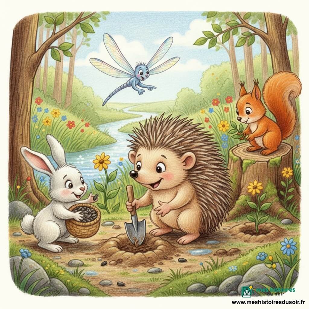 Un petit hérisson brun clair aux yeux ronds et souriants, Hugo, plante une graine avec une petite pelle en bois tandis que Lila la libellule aux ailes irisées vole au-dessus en pointant une fleur naissante, un petit lapin blanc à gauche tend une graine depuis son panier de graines de tournesol et un écureuil roux sur une souche dépose de petites plantes ; en arrière-plan une rivière claire serpente entre herbes vertes et fleurs colorées, la forêt lumineuse aux troncs bruns et feuillage tendre, sol légèrement humide avec quelques pierres moussues, ambiance collective de plantation et de nettoyage, gestes amicaux et atmosphère chaleureuse et pleine d’espoir.