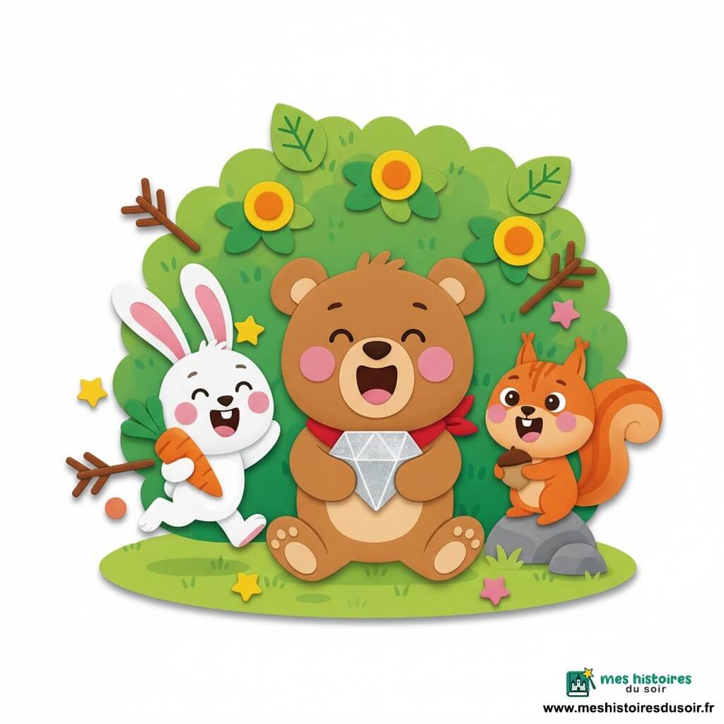 Oscar, gros ours en peluche brun clair souriant aux joues roses et petit foulard rouge tient un caillou brillant; à sa gauche sur la pointe des pieds, Léa la lapine blanche aux grandes oreilles roses, excitée, tient une carotte orange; à droite, Toto l'écureuil roux malicieux perché sur un rocher tient une noisette; devant un buisson rond vert parsemé de fleurs jaunes et de feuilles en forme de cœur sur une herbe verte, les trois amis rient après avoir retrouvé leurs trésors, entourés de flèches en bâtons et de petites gommettes étoiles, ambiance colorée, ronde et simple comme un sticker.