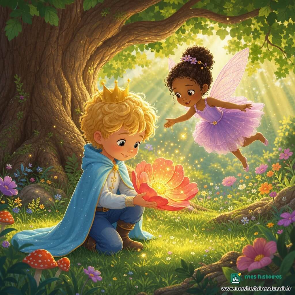 Un petit prince d'environ six ans, cheveux blonds bouclés, cape bleue claire et petite couronne d'or, s'agenouille pour cueillir une grosse fleur magique corail au centre doré étincelant tandis qu'une fée nommée Mimi, petite fille de cinq ans aux ailes translucides rose pâle et robe lilas, vole au-dessus de son épaule en l'encourageant, la fleur illuminant doucement la clairière herbeuse sous un grand chêne.
