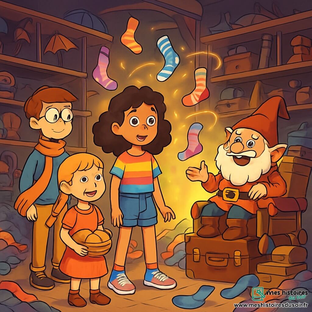 Nina, une fille de 12 ans aux cheveux châtains bouclés et aux yeux curieux, se tient au centre d'une salle magique entourée de chaussettes dansantes. Elle porte un t-shirt coloré, un short en jean et des baskets magiques. À ses côtés, Simon, également 12 ans, avec des lunettes rondes et une écharpe longue, observe les chaussettes avec amusement. Naëlle, 11 ans, avec des cheveux blonds en tresse et un panier de petits pains, sourit en les regardant. La salle, aux murs couverts d'étagères biscornues, est remplie d'objets oubliés et illuminée par une source magique, créant une ambiance féerique. Ils tentent de négocier avec le roi Déglingo, un gnome sur un trône de valises, tandis que les chaussettes dansent autour d'eux.