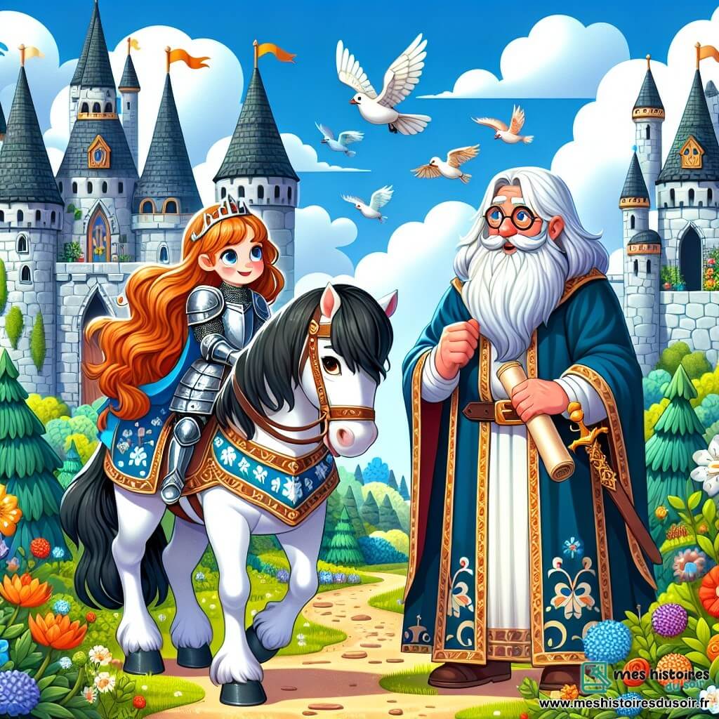 Élodie, une jeune chevaleresse, se tient fièrement sur son cheval noir Fidèle. Elle a de longs cheveux châtains, une armure ornée de motifs floraux et un visage déterminé. À ses côtés, le roi, un vieux sage de 60 ans avec une longue barbe blanche, l'encourage avec un sourire. Derrière eux, un château majestueux avec des tours en pierre grise et des jardins fleuris. Élodie se prépare à emprunter un chemin menant à la grande forêt pour trouver une plante magique afin de guérir son village, entourée d'une atmosphère d'aventure et d'espoir.