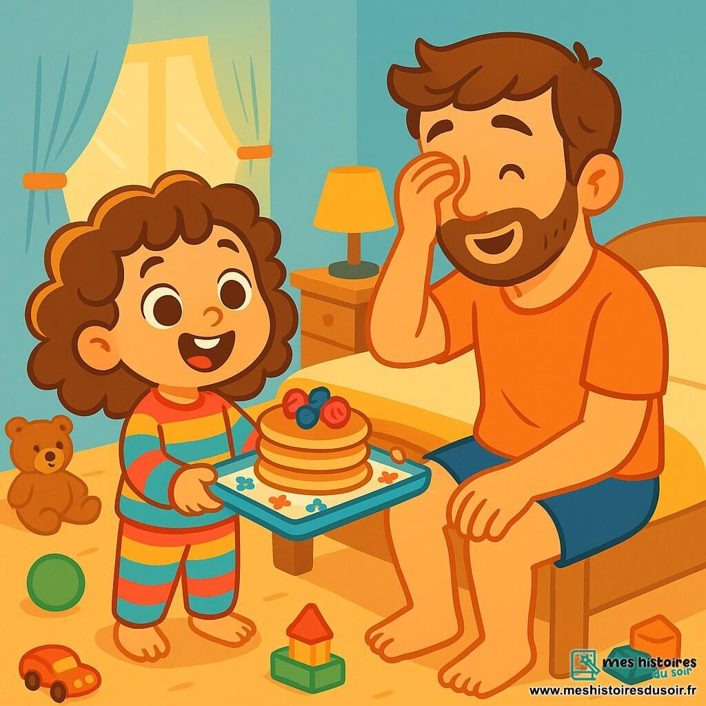 Une petite fille de 4 ans, avec de grands yeux pétillants et des cheveux bouclés châtains, se tient devant un lit, souriante et excitée. Elle porte un pyjama rayé coloré et tient un plateau décoré avec un pancake et des fruits frais. À côté d'elle, un papa d'une trentaine d'années, avec une barbe douce et des cheveux bruns, se frotte les yeux, surpris et amusé, assis sur le bord du lit. Il porte un t-shirt décontracté et un short, regardant sa fille avec tendresse. La scène se déroule dans une chambre chaleureuse, avec des murs bleu clair et des jouets éparpillés. La petite fille offre fièrement son plateau de pancakes à son papa, créant un moment joyeux et complice entre eux.