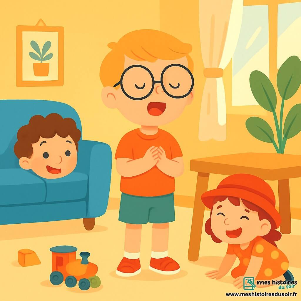 Il y a trois personnages : Léo, un garçon de 6 ans avec des boucles brunes, se cache derrière un canapé bleu ; Zoé, une fille de 5 ans avec un chapeau rouge, est cachée sous une table en bois ; et Max, un garçon de 6 ans avec de grandes lunettes, compte debout au centre de la pièce. La salle de séjour est lumineuse, avec un canapé bleu, une table en bois clair et des jouets colorés au sol. Max compte pendant que Léo et Zoé rient, créant une atmosphère joyeuse et de camaraderie.