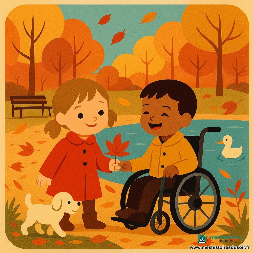 Deux enfants dans un parc d'automne au bord d'un petit étang : Léa, 4 ans, cheveux châtain clair en deux petites couettes, manteau rouge et bottines marron, tient la main de Tom en souriant et montre une feuille rouge ; Tom, 3 ans, cheveux bruns courts, petit manteau jaune moutarde, pousse un fauteuil roulant et rit en regardant un canard dans l'eau ; autour d'eux feuilles orange, jaunes et rouges tourbillonnent, un banc en bois stylisé et un petit chien blanc passent, sol couvert de feuilles froissées et herbes foncées, atmosphère douce aux couleurs chaudes, silhouettes nettes et contours géométriques rappelant l'art déco.