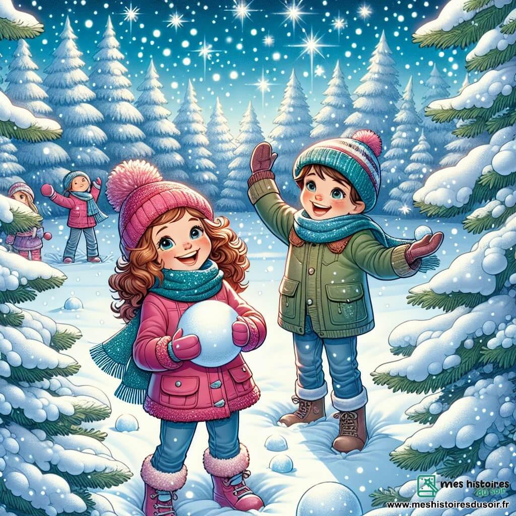 Dans une clairière enneigée, deux enfants, Juliette et Lucas, se tiennent au centre. Juliette, douze ans, a des cheveux châtains bouclés et porte une veste rose et un bonnet assorti. Elle sourit en tenant une boule de neige. Lucas, dix ans, a les cheveux bruns courts, porte une écharpe bleue et un manteau vert, et lève les bras, prêt à lancer sa boule de neige. La clairière est entourée d'arbres chargés de neige sous un ciel bleu clair, avec des flocons tombant doucement. Les enfants s'apprêtent à se lancer des boules de neige, riant dans cette scène hivernale joyeuse.
