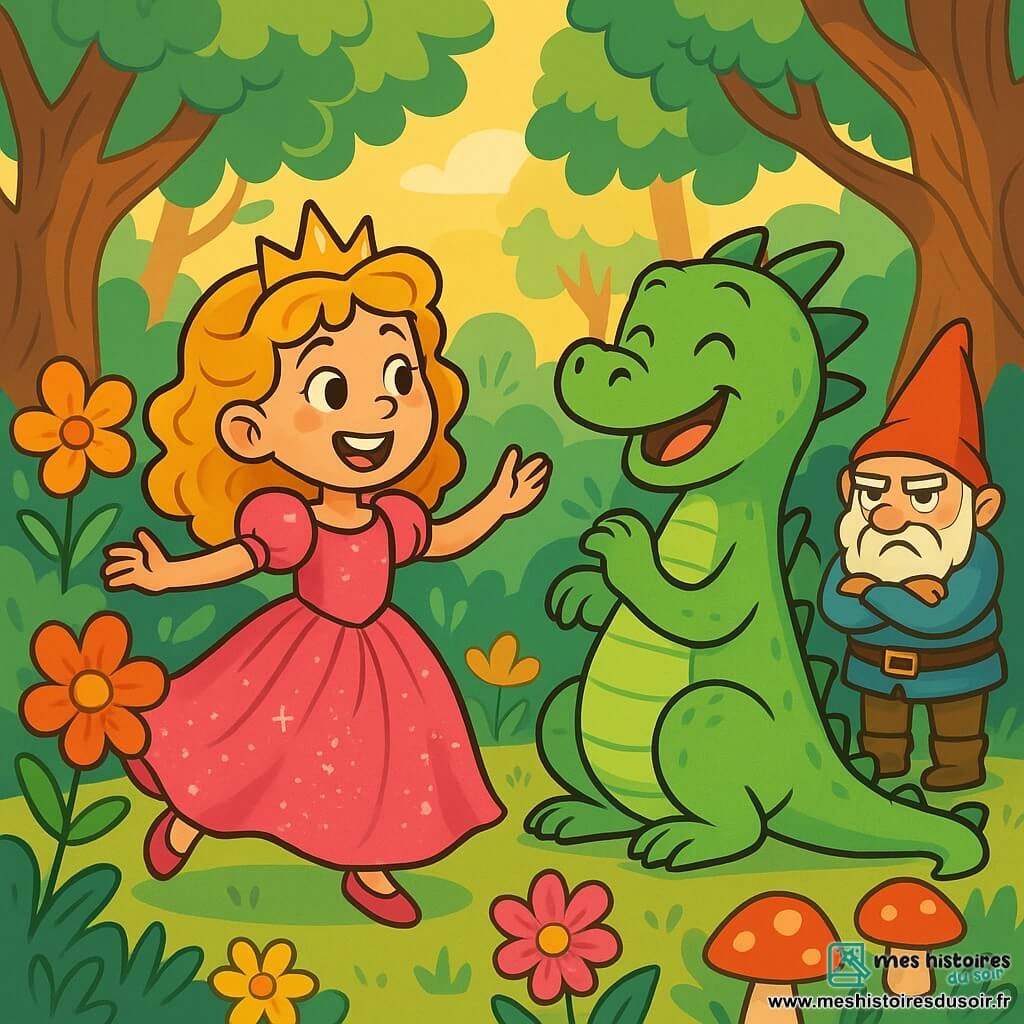 La princesse Luna, avec ses cheveux bouclés et dorés, danse joyeusement dans une clairière enchantée, vêtue d'une robe en satin rose ornée de paillettes. Elle sourit, entourée de fleurs multicolores. À ses côtés, un dragon aux écailles vertes, amusé, la regarde en riant. Un gnome grincheux, petit et trapu, observe la scène avec un léger sourire. La clairière magique est remplie de fleurs géantes, de champignons étranges et d'arbres tordus, éclairée par des rayons de soleil, créant une atmosphère chaleureuse. Luna danse avec le dragon, tandis que le gnome, malgré son air bougon, montre son amusement.