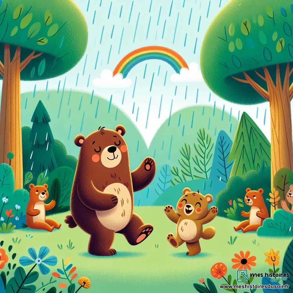 Un ours brun nommé Oscar danse joyeusement sous la pluie, souriant avec des yeux pétillants. À ses côtés, un ours plus petit nommé Max, avec un pelage doré, saute en riant. Ils se trouvent dans une forêt verdoyante, entourés d'arbres et de fleurs, tandis que la pluie crée des éclaboussures et qu'un arc-en-ciel apparaît. Les deux ours montrent leur amitié et leur joie, admirés par d'autres animaux qui forment un cercle autour d'eux.
