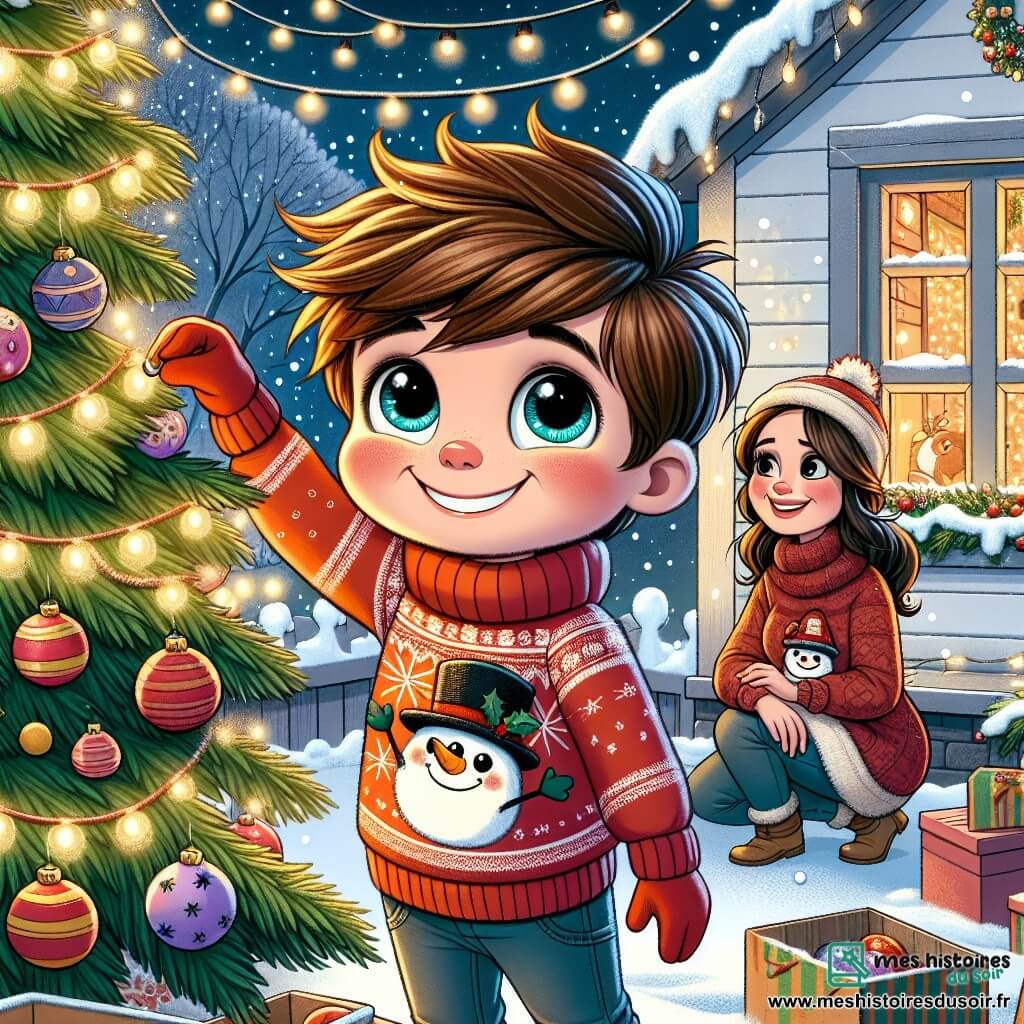 Un petit garçon de 5 ans, nommé Hugo, avec des cheveux châtains en bataille et des yeux pétillants, se tient au centre de l'image, souriant largement en décorant un grand sapin de Noël. Il porte un pull rouge avec un bonhomme de neige et un bonnet assorti. À côté de lui, sa maman, une femme d'une trentaine d'années avec de longs cheveux bruns, accroche des guirlandes scintillantes sur les branches du sapin, le regardant avec tendresse. Le décor est une maison en bois avec des murs blancs et des fenêtres illuminées. À l'extérieur, la neige recouvre le sol, créant un paysage féerique. Hugo et sa maman décorent le sapin, entourés de boîtes de décorations colorées, créant une atmosphère chaleureuse et joyeuse.