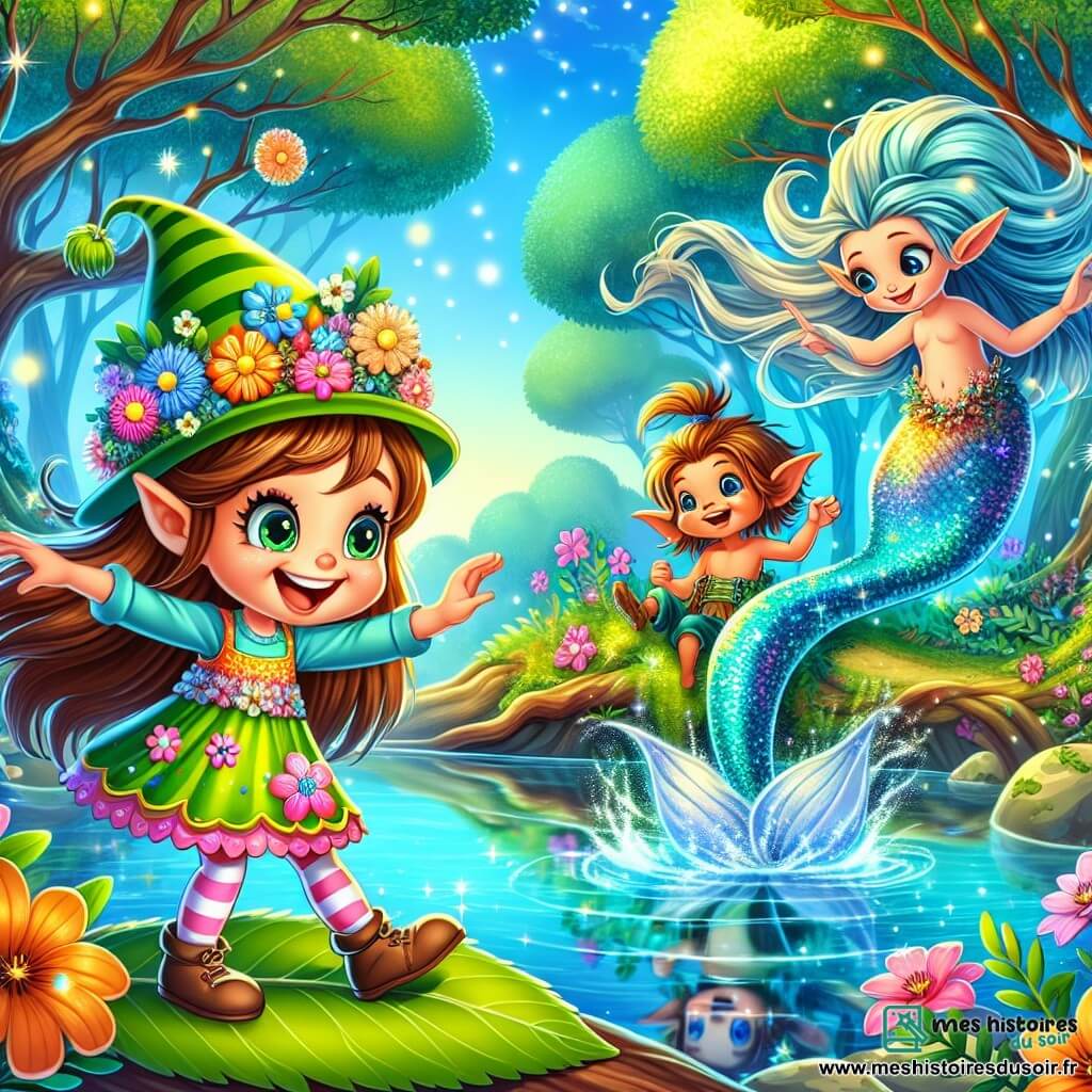 La princesse Charlotte, une petite fille de 8 ans aux longs cheveux bruns et aux yeux verts pétillants, danse joyeusement sur une feuille dans une forêt enchantée. Elle porte une robe colorée ornée de fleurs et un chapeau amusant. À ses côtés, un petit elfe de 5 ans, avec de grandes oreilles pointues et des cheveux blonds en bataille, rit en faisant des grimaces, perché sur une branche d'arbre. Non loin, une sirène aux écailles turquoise émerge d'un lac magique, ses longs cheveux ondulant comme des algues, souriant à Charlotte. La scène se déroule dans une forêt avec des arbres majestueux, des fleurs colorées et un lac cristallin, où Charlotte, l'elfe et la sirène rient et jouent ensemble, symbolisant l'amitié et l'aventure.