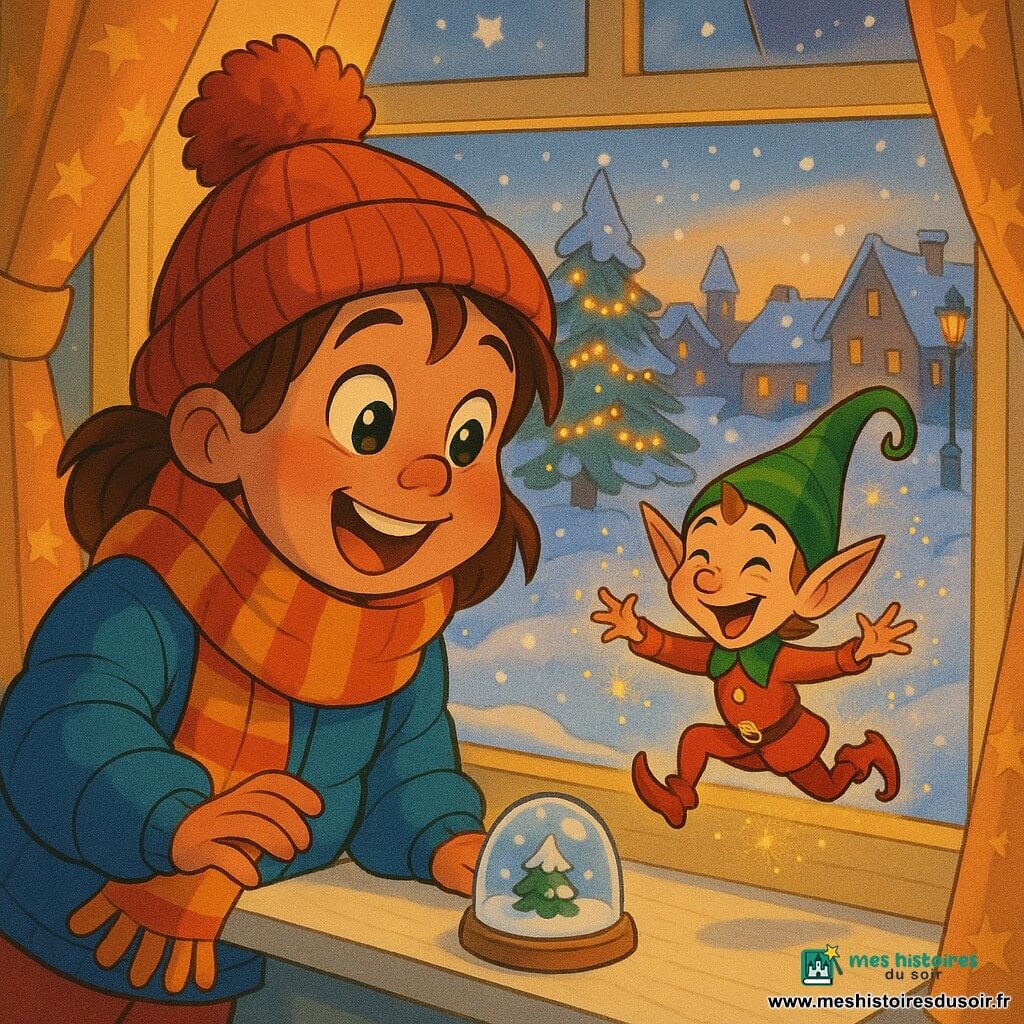 Émilie, 6 ans, émerveillée, joues rosies, bonnet rouge à pompon, grosse écharpe rayée et doudoune bleue, tend la main vers un petit dôme de papier neige posé sur le rebord de sa fenêtre ; un lutin farceur, petit, peau claire, oreilles pointues, chapeau vert tordu et vêtements rouges à boutons dorés, rit en bondissant et laisse des étincelles magiques en flottant à côté du dôme ; la fenêtre en bois blanc, rideaux à étoiles mi-fermés, donne sur un jardin enneigé et un sapin décoré, tandis qu'au loin le village aux toits enneigés, lampadaires jaunes et traces de pas complète la scène ; instant de surprise et de rire figés, éclairage doux de fin d'après-midi avec reflets dorés et particules brillantes, style cartoon années 90, couleurs saturées, textures simples, accent sur visages et mains.