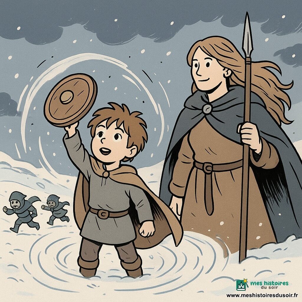 Un jeune garçon nommé Elian, aux cheveux ébouriffés et aux yeux brillants de détermination, se tient dans la neige, un petit bouclier rond levé vers le ciel. Il affiche une expression de courage et d'émerveillement. À ses côtés, une femme large d'épaules, la cheffe de caravane, l'observe avec admiration, ses longs cheveux flottant au vent. Elle porte une cape épaisse et tient une lance. En arrière-plan, des gobelins des gelées, petits et vêtus de capuchons sombres, s'enfuient en glissant sur la neige. La scène se déroule dans une vaste plaine enneigée, où la neige tourbillonne autour d'Elian, formant une barrière protectrice. Le ciel est couvert de nuages sombres, mais une lumière douce perce, illuminant le visage d'Elian.