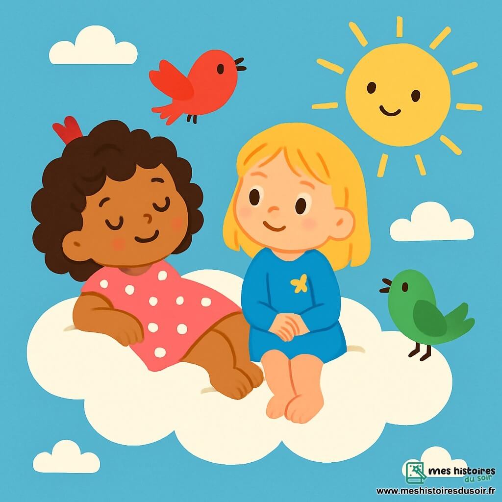 Deux personnages principaux : Lila, une petite fille de 3 ans avec des cheveux bouclés et bruns, en robe rose à pois blancs, allongée sur un nuage avec un sourire paisible, et Zoé, également de 3 ans, avec des cheveux lisses et blonds, en tunique bleue avec des étoiles, assise à côté d'elle. L'action se déroule sur un grand nuage moelleux dans un ciel bleu clair, sous un soleil doux. Elles profitent du chant des oiseaux et de la chaleur du soleil, créant un moment de sérénité et de bonheur.