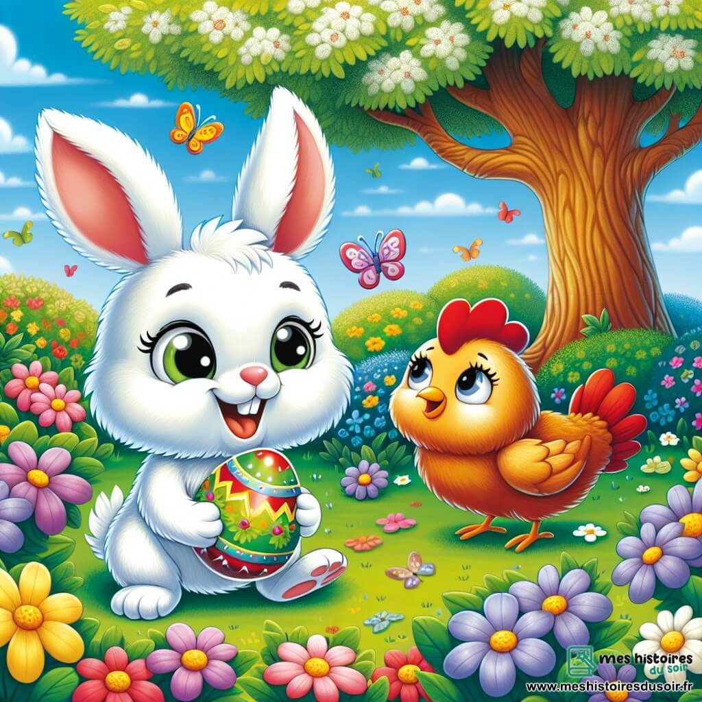 Un petit lapin blanc nommé Pipo, avec de grandes oreilles et un sourire joyeux, saute dans un jardin fleuri en tenant un œuf de Pâques brillant. À côté de lui, une poule rousse au plumage éclatant le regarde avec enthousiasme, prête à l'aider. Le jardin est rempli de fleurs colorées, de papillons et d’un grand arbre, créant une atmosphère joyeuse et printanière. Pipo découvre un œuf de Pâques sous l'arbre, souriant, tandis que la poule l'encourage, impatients de découvrir le trésor caché à l'intérieur.