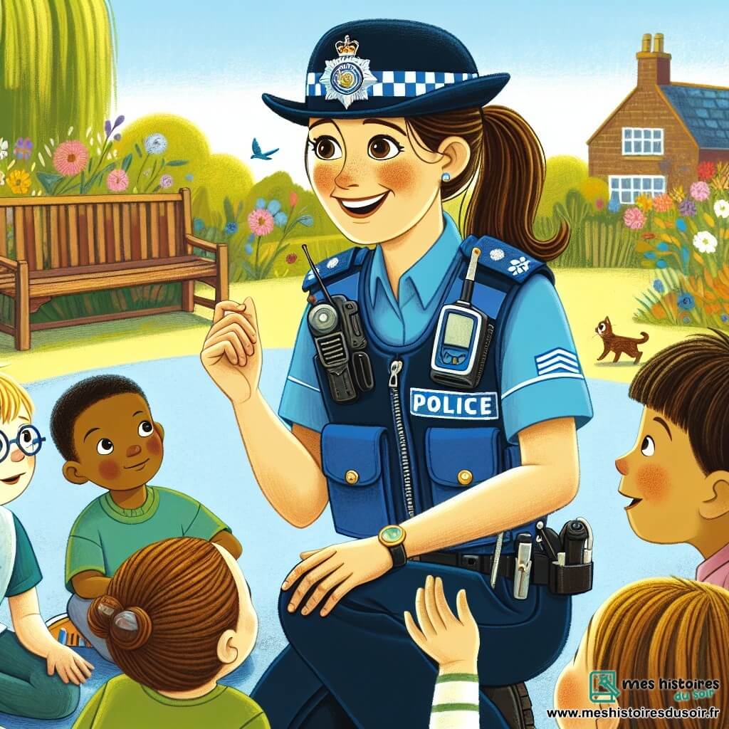 Clara, une policière souriante d'une trentaine d'années avec des cheveux bruns en queue de cheval, est au centre de l'image. Elle porte un uniforme bleu et s'agenouille pour parler à des enfants, affichant une expression amicale. Plusieurs enfants l'écoutent attentivement, dont un petit garçon de 7 ans aux cheveux blonds et lunettes rondes, une petite fille de 6 ans avec des cheveux bouclés en robe rose, et un garçon de 8 ans aux cheveux bruns en t-shirt vert qui sourit et applaudit. La scène se déroule dans un parc ensoleillé, avec des arbres et des fleurs. Clara explique aux enfants l'importance de son métier en racontant une histoire amusante sur un chat perdu, créant une atmosphère joyeuse.