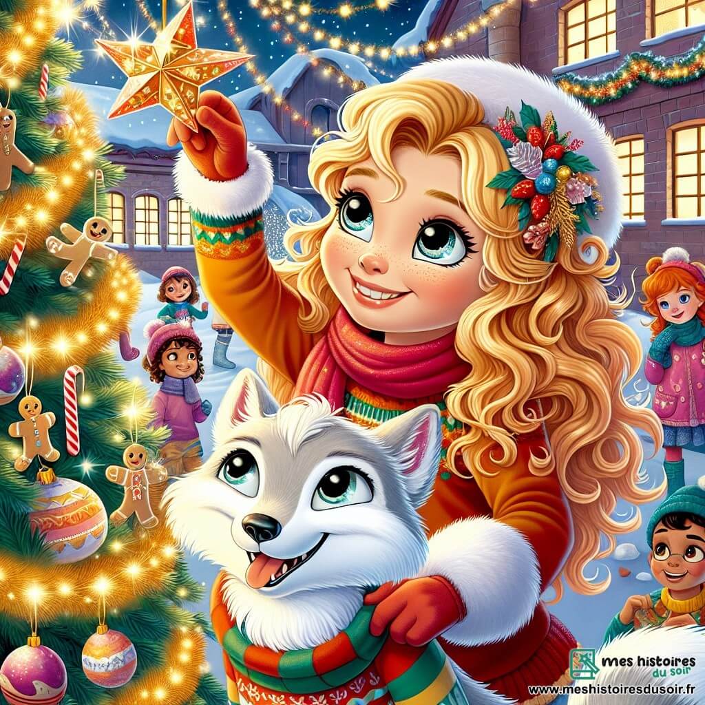 Lucie, une petite fille de 7 ans aux boucles dorées et aux yeux pétillants, sourit en accrochant une étoile en papier coloré en haut d'un sapin de Noël majestueux, entouré de guirlandes scintillantes. À ses côtés, Flocon, un renard polaire avec une écharpe rouge, l'observe avec complicité. En arrière-plan, des enfants de 6 à 8 ans décorent joyeusement le sapin, accrochant des boules brillantes et plaçant des bonhommes en pain d'épices au pied de l'arbre. L'école des Sapins Joyeux, un bâtiment en bois chaleureux décoré de guirlandes lumineuses, crée une atmosphère festive et magique, remplie de rires et de chants de Noël. Lucie réalise que la magie de Noël réside dans le partage et la joie en décorant le sapin avec ses amis.