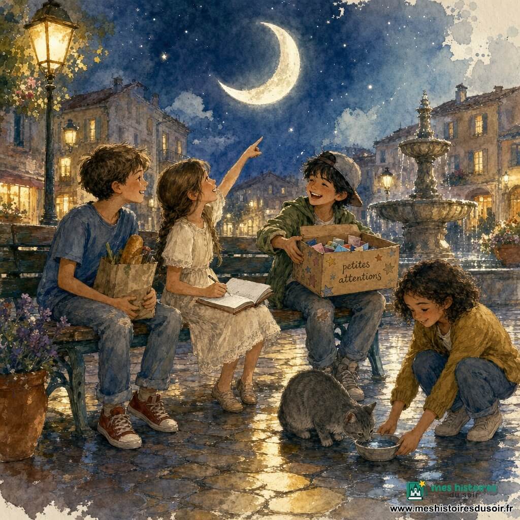 Quatre enfants sur un banc d'une petite place de nuit aux pavés brillants sous des lampadaires jaunes : un garçon d'environ 11 ans aux cheveux courts bruns en t‑shirt bleu tenant un sac de provisions et souriant à gauche; une fille d'environ 10 ans en robe crème et tresse, assise au centre‑gauche, écrivant dans son carnet et pointant la lune; un garçon d'environ 12 ans cheveux noirs en bataille, casquette à l'envers et veste verte, assis au centre‑droit, riant et tendant une boîte décorée d'étoiles; une fille d'environ 11 ans aux cheveux courts bouclés, gilet moutarde, accroupie à droite et posant une coupelle d'eau pour un chat gris. La boîte des petites attentions est ouverte au centre avec des papiers colorés, la fontaine éteinte reflète la lune en croissant, les façades aux fenêtres chaudes et un réverbère projettent une ombre douce; ambiance calme et chaleureuse aux couleurs pastel avec reflets argentés sur les pavés.