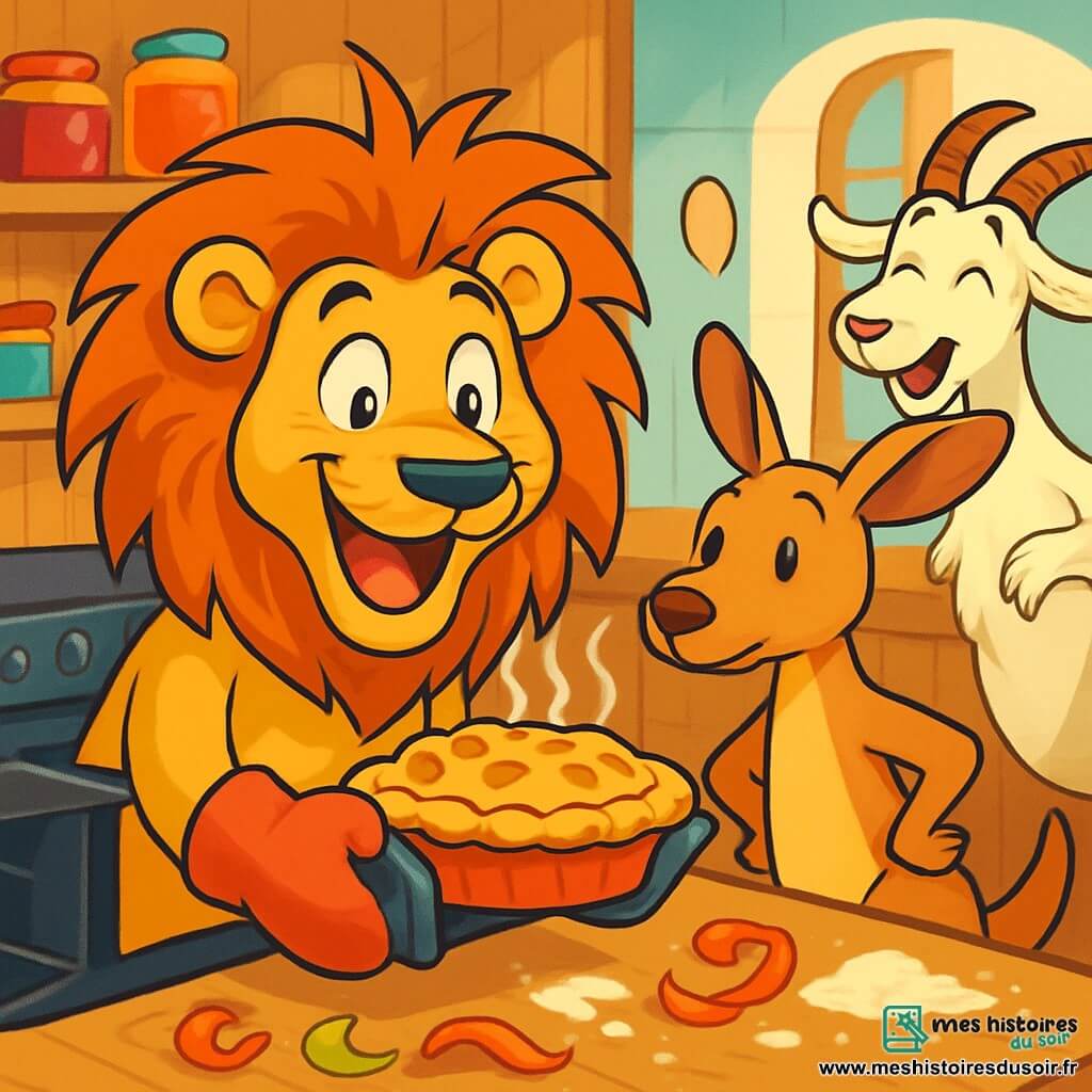 Un lion joyeux avec une crinière en bataille et un large sourire sort une tarte aux pommes du four. Ses yeux pétillent d'excitation. À ses côtés, un kangourou nommé Pat regarde la tarte avec curiosité, prêt à goûter. Gertrude, une chèvre blanche, se tient en arrière-plan, amusée par le désordre dans la cuisine. La scène se déroule dans une cuisine rustique avec des murs en bois et des étagères remplies de pots de confiture. Léon, le lion, est entouré d'une ambiance joyeuse, présentant fièrement sa tarte qui dégage une odeur délicieuse.