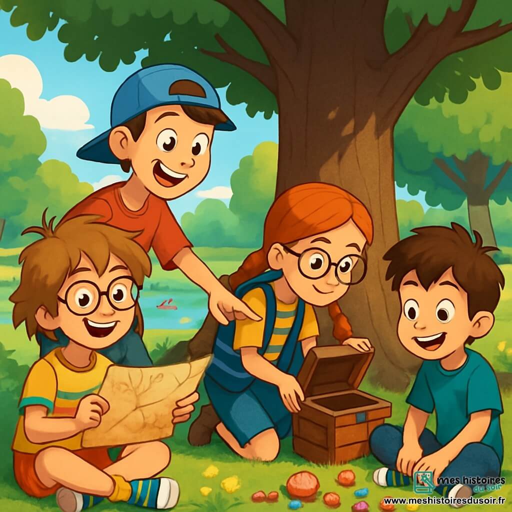 Quatre enfants sont réunis dans un parc verdoyant. Léa, 10 ans, cheveux châtain clair en bataille et lunettes rondes, est assise sur l'herbe avec une carte au trésor, souriante. Max, 11 ans, grand et mince, porte une casquette à l'envers et pointe la carte avec enthousiasme. Lucie, 10 ans, avec des tresses rousses et un gilet à rayures, examine une boîte en bois près d'un vieux chêne. Théo, 9 ans, le plus jeune, est assis entouré de bonbons, les yeux brillants d'excitation. Ils sont en pleine chasse au trésor, partageant des moments de joie et d'amitié.