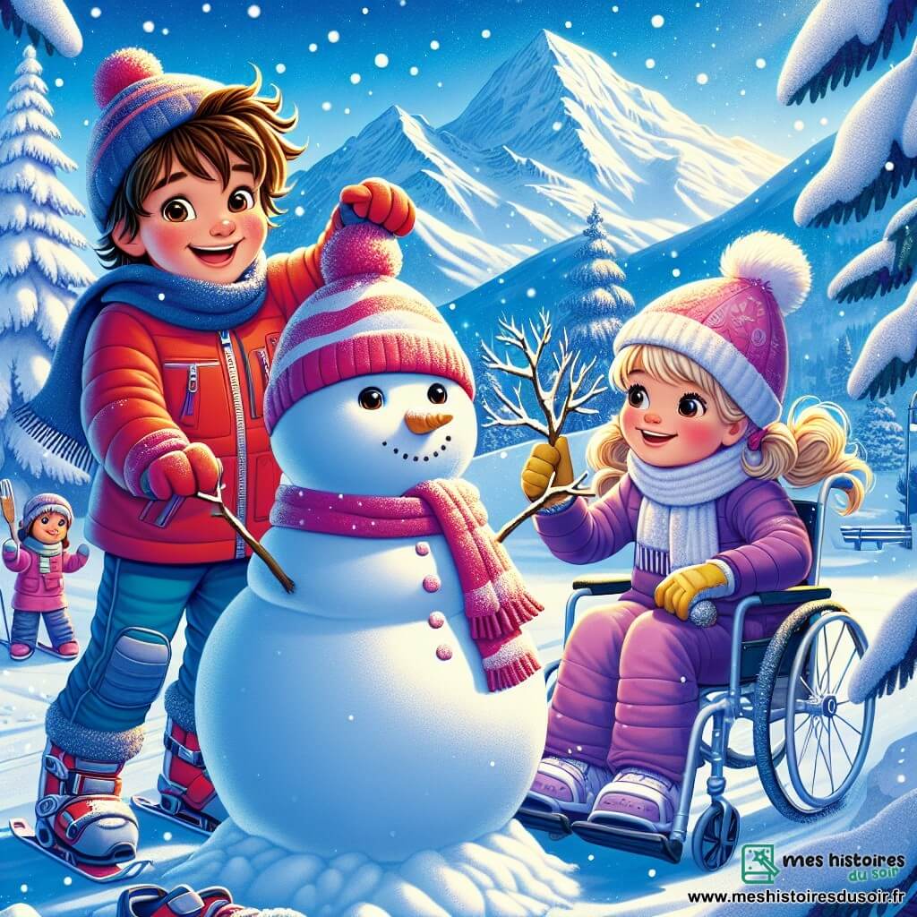 Au premier plan, Maxence, un garçon de 9 ans avec des cheveux bruns en bataille, porte une combinaison de ski rouge vif et un bonnet bleu. Il est à gauche, les bras levés, souriant, prêt à construire un bonhomme de neige. À sa droite, Chloé, une fille de 9 ans avec des boucles brunes, est accroupie, façonnant une boule de neige. Elle porte une écharpe rose et des gants jaunes. Un peu plus loin, Léa, une fille de 9 ans en fauteuil roulant, a des cheveux blonds et un manteau violet. Elle sourit en tenant des branches pour décorer le bonhomme de neige. Le décor est un paysage hivernal avec des montagnes couvertes de neige et des sapins, créant une atmosphère magique. Les trois amis collaborent joyeusement pour construire un bonhomme de neige, illustrant l'esprit d'amitié et de créativité en hiver.