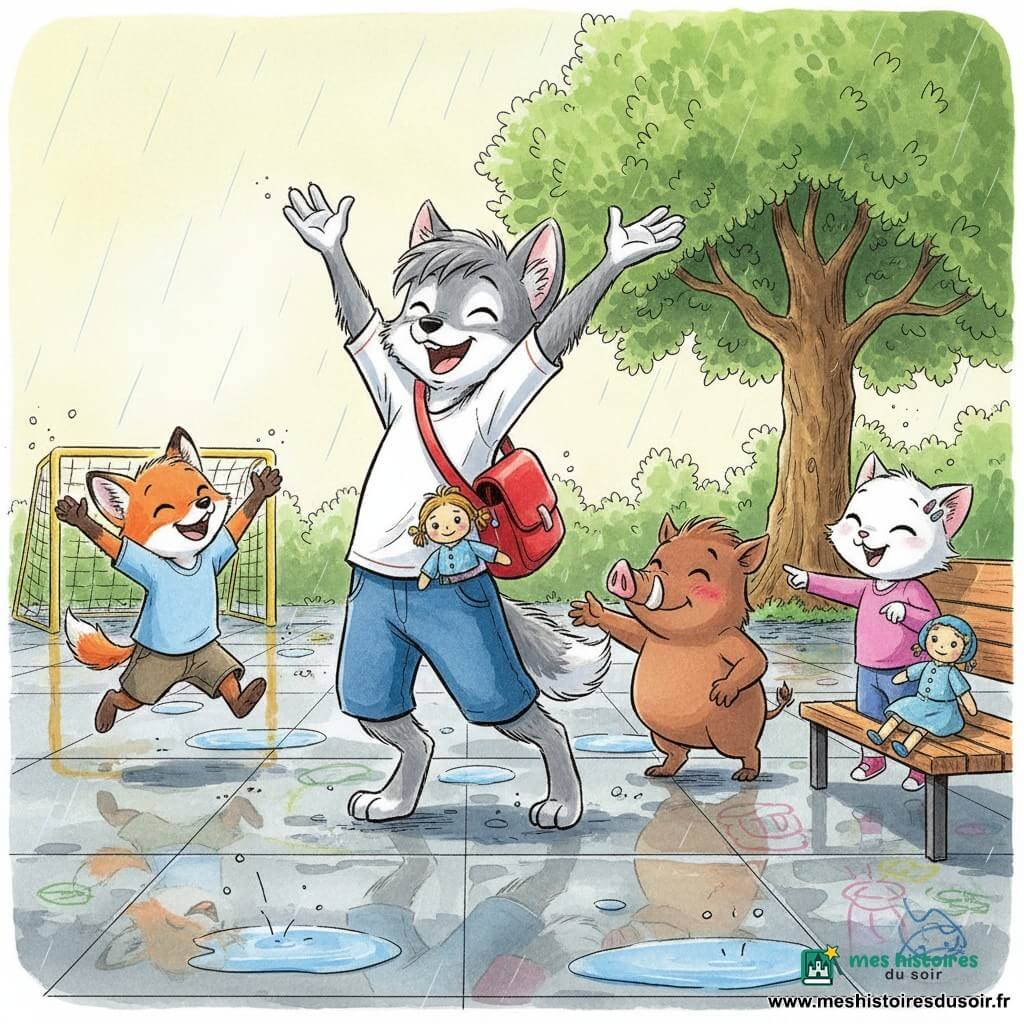 Lina, petit loup anthropomorphe aux poils gris et à la queue en panache, joyeuse et fière, lève les bras après avoir marqué un but, son cartable rouge pend sur une épaule et la poupée bleue Capucine dépasse de sa poche; à gauche Nino, petit renard roux, applaudit et saute de joie; à droite Hugo, petit sanglier brun, timide mais souriant, tend la main pour la féliciter, visage rougi; Jade, petite chatte blanche aux barrettes brillantes, rit et pointe vers la poupée posée sur un banc comme « entraîneuse »; la cour d'école est mouillée après la pluie avec flaques réfléchissantes, dalles grises, un but en bois peint en jaune, bancs en bois, dessins à la craie et un grand chêne à l'arrière-plan sous une douce lumière d'après-midi, ambiance chaleureuse et inclusive, traits nets à l'encre, couleurs vives et lavis doux.