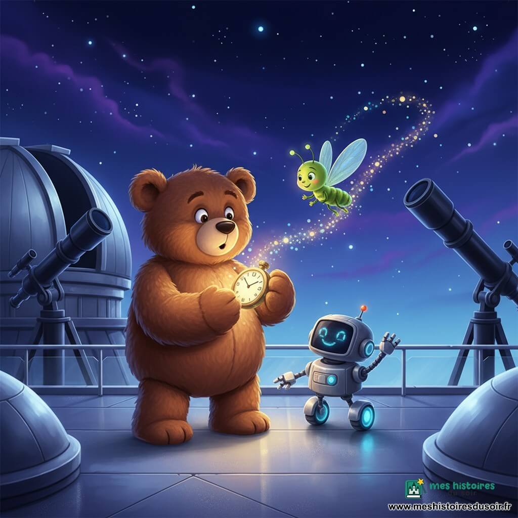 Hector, grand ours au pelage brun légèrement ébouriffé, tient une montre ancienne qui scintille en bleu et or; Léa, petite luciole vert-jaune, virevolte en laissant une traînée de points lumineux; Astro, petit robot roulant argenté aux roues bleues, désigne le ciel depuis la terrasse haute d’un observatoire futuriste aux larges dômes et énormes télescopes; le sol métallique et la balustrade vitrée dominent un ciel nocturne étoilé et nébuleux violet; Hector et Léa regardent les étoiles émerveillés, la montre scintille entre eux et Astro les guide dans une ambiance magique, paisible et aux lumières bleu‑violet.