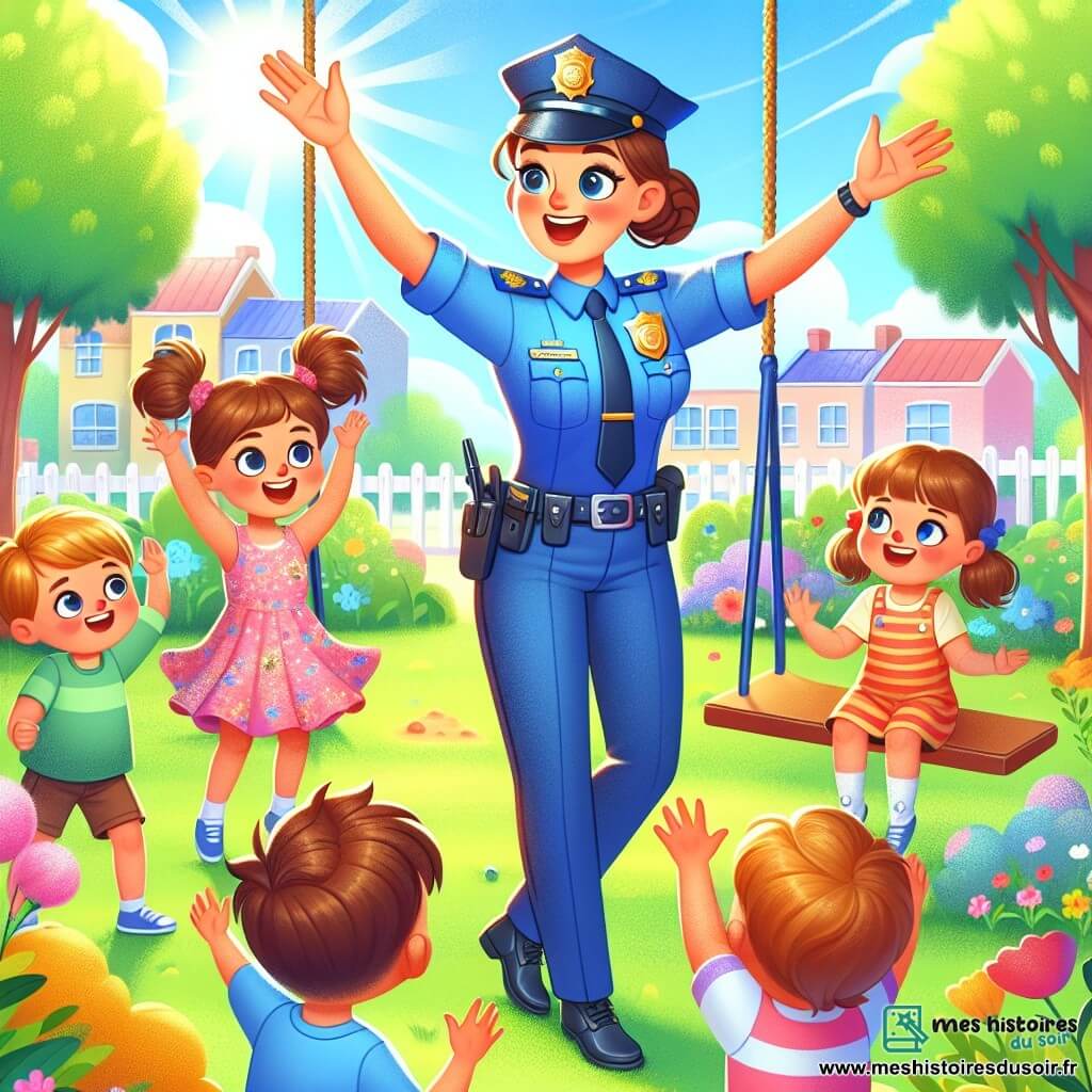 Clara, une policière souriante d'une trentaine d'années avec des cheveux bruns en chignon, porte un uniforme bleu vif et un insigne brillant. Elle se tient sur une balançoire, les bras ouverts, entourée d'enfants. À sa droite, une petite fille de 6 ans avec des couettes blondes lève la main, vêtue d'une robe rose à fleurs. À sa gauche, un garçon de 7 ans aux cheveux bruns est assis sur l'herbe, tenant un ballon rouge. L'image se déroule dans un parc ensoleillé, avec des arbres, des fleurs et des enfants jouant. Clara explique aux enfants l'importance des règles de sécurité tout en s'amusant, créant une atmosphère de camaraderie et d'apprentissage.