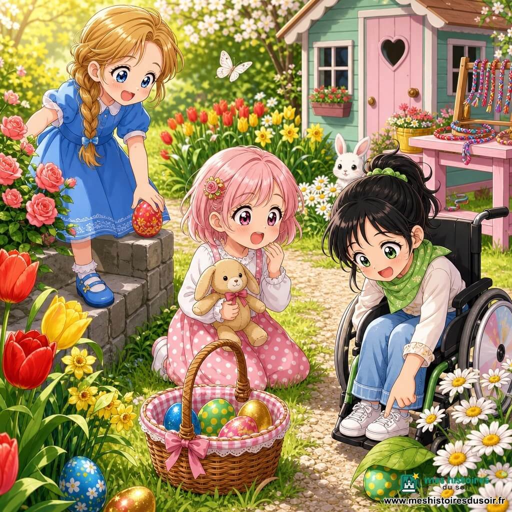 Trois filles dans un jardin printanier lumineux : Rose (6 ans) aux courts cheveux rose clair, grand regard, pantalon à pois et doudou, agenouillée près d’un panier en osier ; Emma (7 ans) cheveux miel en tresse, robe bleue, souriante, sur un muret tendant la main vers un œuf coloré ; Jade (6 ans) en fauteuil roulant, cheveux noirs attachés, petite écharpe verte, pointant un œuf caché sous une feuille devant des marguerites ; pelouse verte, tulipes rouges et jaunes, jonquilles, petit rosier, cabane en bois pastel au fond avec table où sont visibles des bracelets tressés, chemin de gravier clair, bas muret en pierre grise, papillon blanc, petit lapin blanc caché près de la cabane ; chasse aux œufs de Pâques avec œufs colorés (rouge, bleu, vert à pois jaunes, doré) dispersés entre les fleurs, atmosphère joyeuse aux couleurs vives et traits doux façon manga, composition centrée sur le panier.