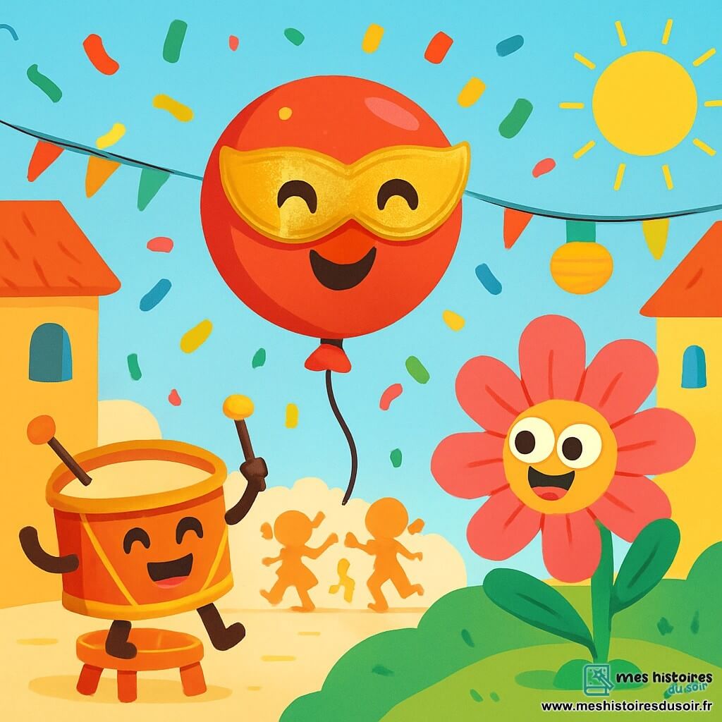 Un petit ballon rouge nommé Léon, avec un visage souriant et des yeux pétillants, flotte au centre de l'image, portant un masque doré. Il est entouré de confettis colorés. À sa droite, Marguerite, une fleur en papier crépon aux pétales roses et verts, danse joyeusement sur une colline, admirant Léon. À gauche, Armand, un petit tambour en bois joyeux, joue de son tambour sur un tabouret, créant une ambiance musicale. Le décor est une rue animée du village, ornée de guirlandes et de lanternes, avec des enfants dansant en arrière-plan. Léon, Marguerite et Armand célèbrent ensemble le carnaval, remplis de joie sous un ciel bleu clair.