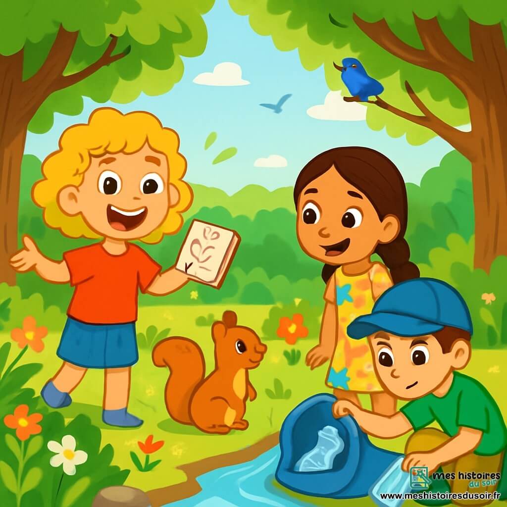 Il y a trois personnages : Léo, une petite fille de 8 ans aux cheveux bouclés et blonds, souriante, tenant un carnet de dessin ; Mia, une fille de 7 ans avec de longs cheveux bruns tressés, émerveillée par un écureuil ; et Tom, un garçon de 8 ans avec des cheveux châtains et une casquette bleue, qui ramasse des déchets près d'un ruisseau. Le lieu est une réserve naturelle luxuriante avec de grands arbres, un ruisseau scintillant, des fleurs colorées et des oiseaux chantants. Les trois amis nettoient le ruisseau avec des sourires, Léo dessine un écureuil, Mia observe, et Tom ramasse une bouteille en plastique. L'atmosphère est joyeuse et engagée pour la protection de la nature.