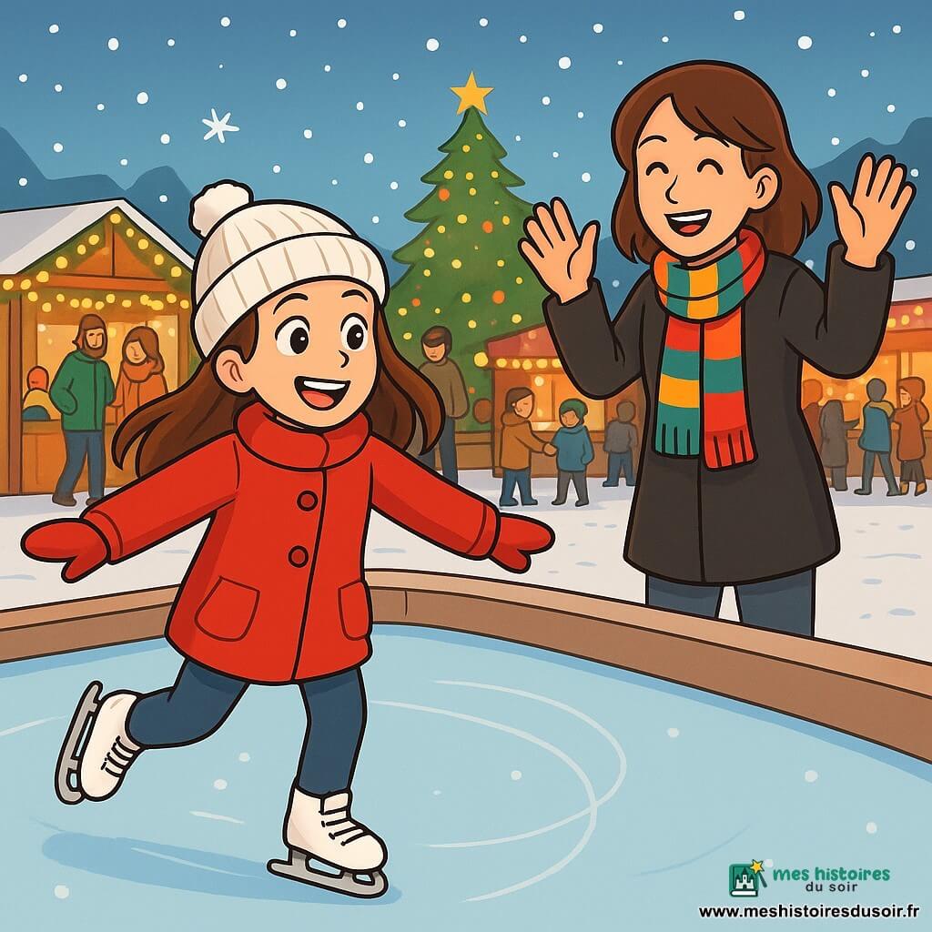 Une fille de 10 ans, Louise, avec de longs cheveux bruns et des yeux pétillants, est debout sur une patinoire. Elle porte un manteau rouge, un bonnet blanc et des gants assortis, rayonnant d'excitation en glissant sur la glace. À côté d'elle, sa maman, d'environ 35 ans, aux cheveux châtains et au sourire chaleureux, l'encourage en levant les bras, vêtue d'une écharpe colorée et d'un manteau noir. En arrière-plan, un marché de Noël animé avec des stands décorés et un grand sapin scintillant. Louise, pleine de joie, apprend à patiner pour la première fois dans une atmosphère festive de Noël.